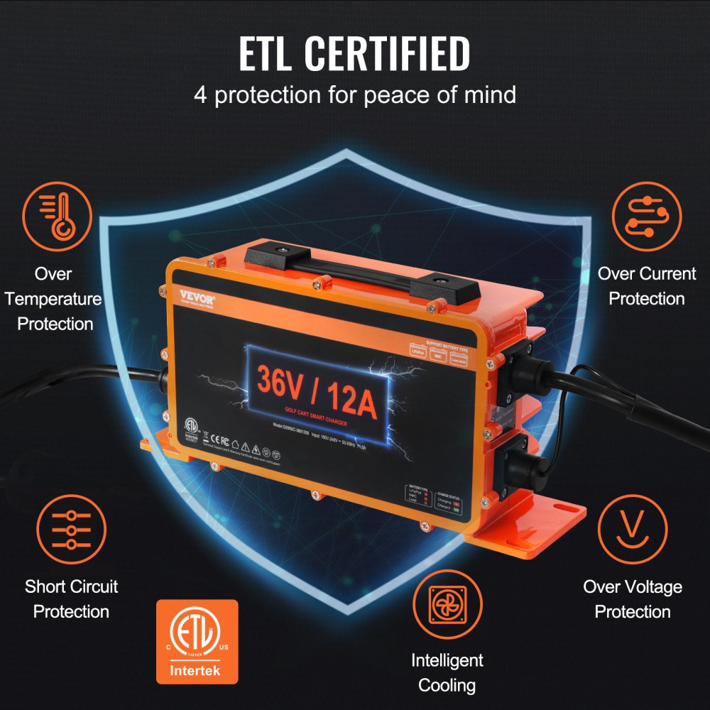 VEVOR Golf Cart Battery Charger, 12 AMP, Smart Battery Charger with D-Style Plug, Compatible with Lead-Acid AGM/GEL/EFB MF NMC LiFePO4 Batteries for EZGO TXT, IP67 Waterproof ETL Certified