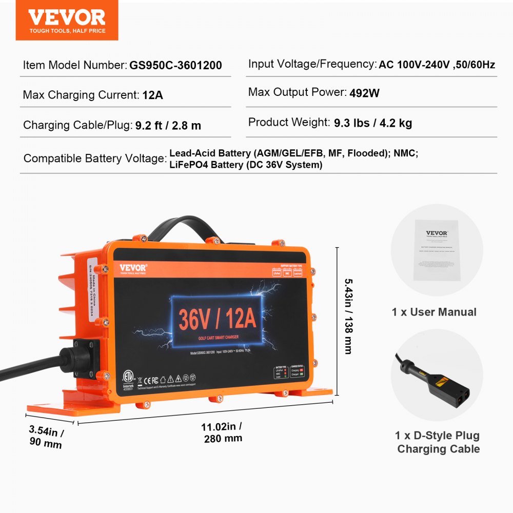 VEVOR Golf Cart Battery Charger, 12 AMP, Smart Battery Charger with D-Style Plug, Compatible with Lead-Acid AGM/GEL/EFB MF NMC LiFePO4 Batteries for EZGO TXT, IP67 Waterproof ETL Certified