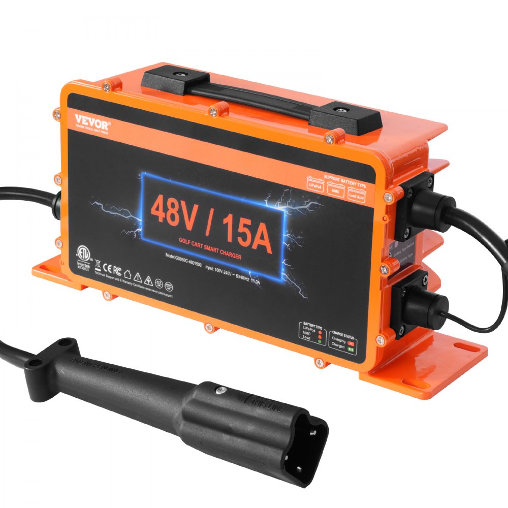 VEVOR golf cart battery charger, 48v 15a, orange casing with black interface and attached cables.