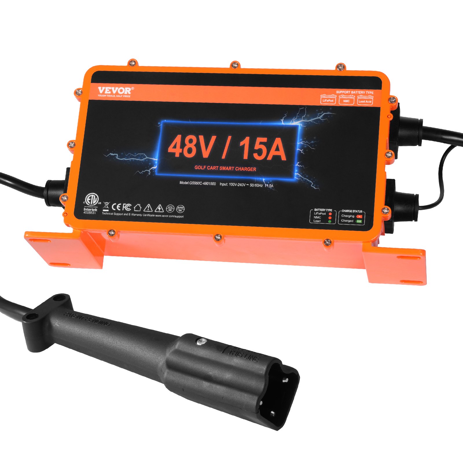 VEVOR Golf Cart Battery Charger, 15 AMP, Smart Battery Charger with G29 Plug, Compatible with Lead-Acid AGM/GEL/EFB MF Flooded NMC LiFePO4 Batteries for Yamaha, IP67 Waterproof ETL Certified