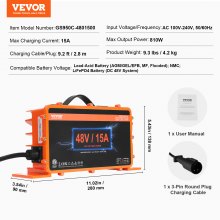 VEVOR 48 Volt Golf Cart Battery Charger, 15 AMP, Smart Battery Charger with 3-Pin Round Plug, Compatible with Lead-Acid AGM/GEL/EFB MF Flooded NMC LiFePO4 Batteries for Club Car, IP67 ETL Certified