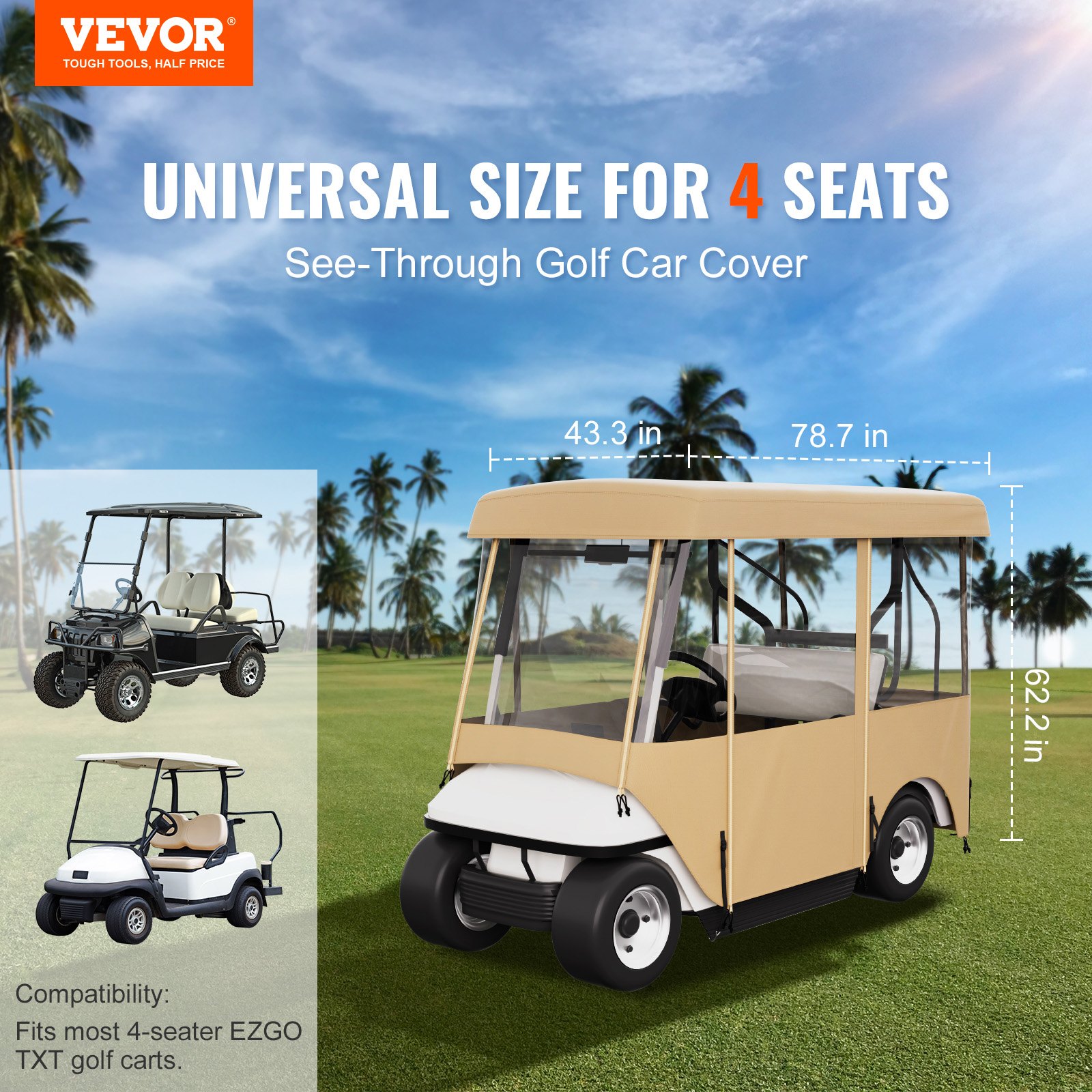 VEVOR Golf Cart Enclosure, with 4-Sided Fairway Deluxe, 300D Waterproof Driving Enclosure with Transparent Windows, Fit for 2+2 Seats Golf Carts (Roof Up to 78.7''L)