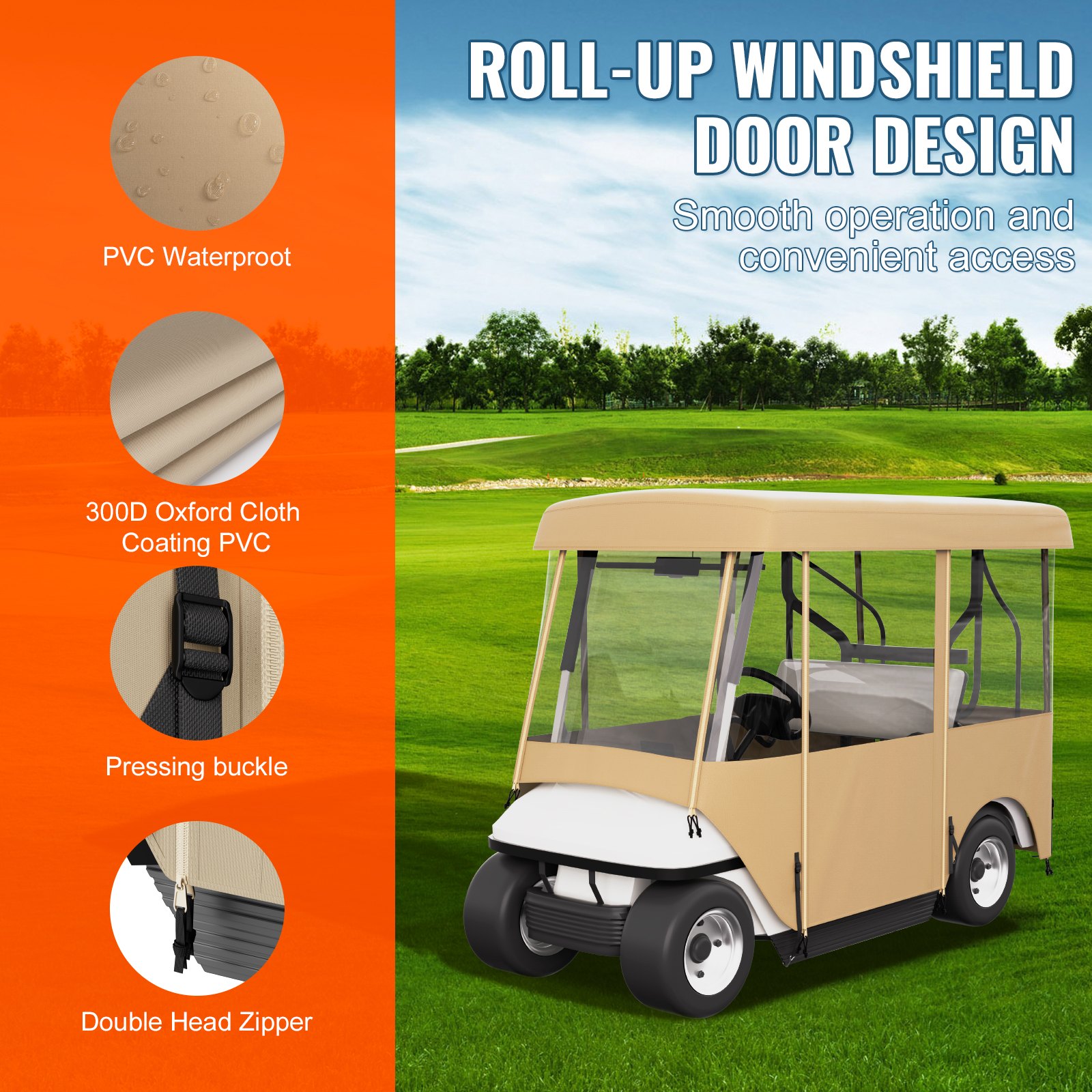 VEVOR Golf Cart Enclosure, with 4-Sided Fairway Deluxe, 300D Waterproof Driving Enclosure with Transparent Windows, Fit for 2+2 Seats Golf Carts (Roof Up to 78.7''L)