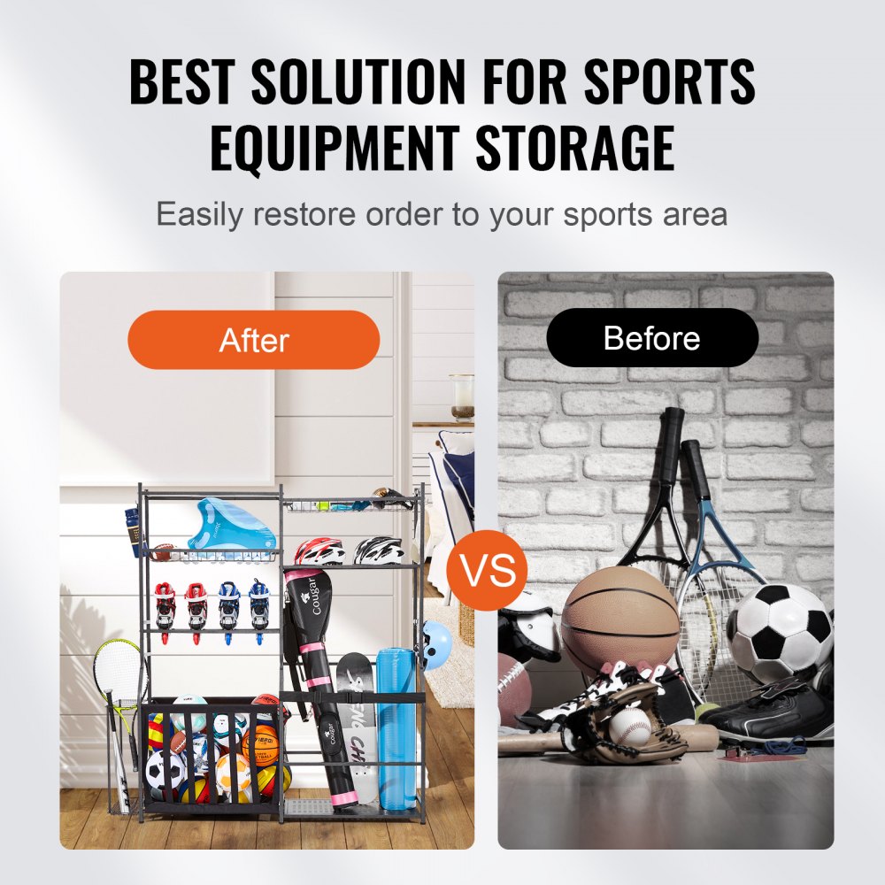 VEVOR Golf Storage Garage Organizer, 2 Golf Bag Storage Stand Holder and Other Sports Equipment Storage Rack, Outdoor Steel Ball Cart, Sports Gear and Toys Storage Shelves with Baskets & Hooks, Black