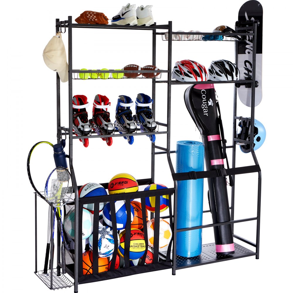 VEVOR Organizador de garaje para almacenamiento de golf, soporte de almacenamiento para 2 bolsas de golf y otros equipos deportivos, carrito de bolas de acero para exteriores, estantes de almacenamiento para equipos deportivos y juguetes con cestas y ganchos, color negro