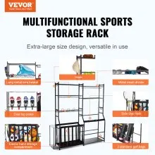 VEVOR Golf Storage Garage Organizer, 2 Golf Bag Storage Stand Holder and Other Sports Equipment Storage Rack, Outdoor Steel Ball Cart, Sports Gear and Toys Storage Shelves with Baskets & Hooks, Black