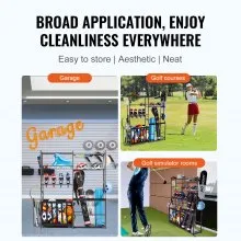 VEVOR Golf Storage Garage Organizer, 2 Golf Bag Storage Stand Holder and Other Sports Equipment Storage Rack, Outdoor Steel Ball Cart, Sports Gear and Toys Storage Shelves with Baskets & Hooks, Black