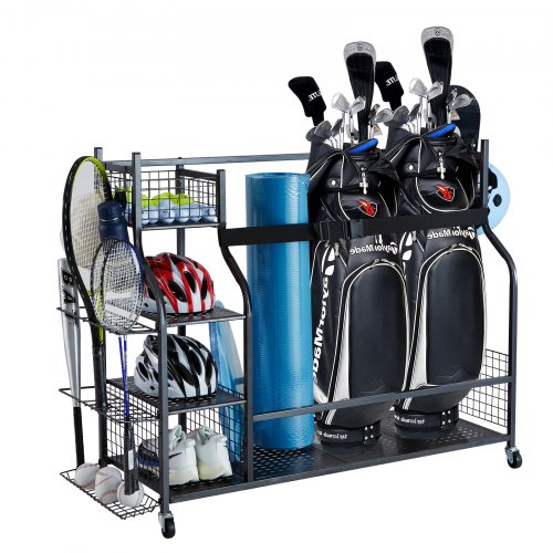 VEVOR Golf Storage Garage Organizer, 3 Golf Bag Stand Holder and Other Sports Equipment Storage Rack, Rolling Ball Cart on Wheels, Outdoor Sport Gear and Toy Storage with Baskets & Hooks, Steel, Black