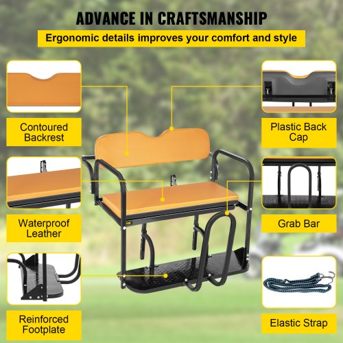VEVOR Golf Cart Rear Seat, Club Car Rear Seat for Club Car Precedent 2004 and Up, Heavy Duty Steel Golf Cart Back Seat 1102 lbs Capacity, Golf Cart Flip Folding Rear Back Seat Kit with Grab Bar - Tan