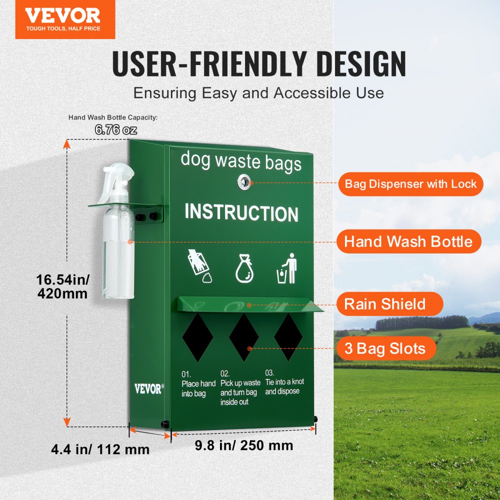 VEVOR Dog Poop Bag Dispenser with Hand Wash Bottle, Lockable Outdoor Dog Waste Bag Holder with 600 Waste Bags, Stake, Pole, Fence & Wall Mounted Dog Poop Bag Storage, Pet Waste Station for Porch, Lawn