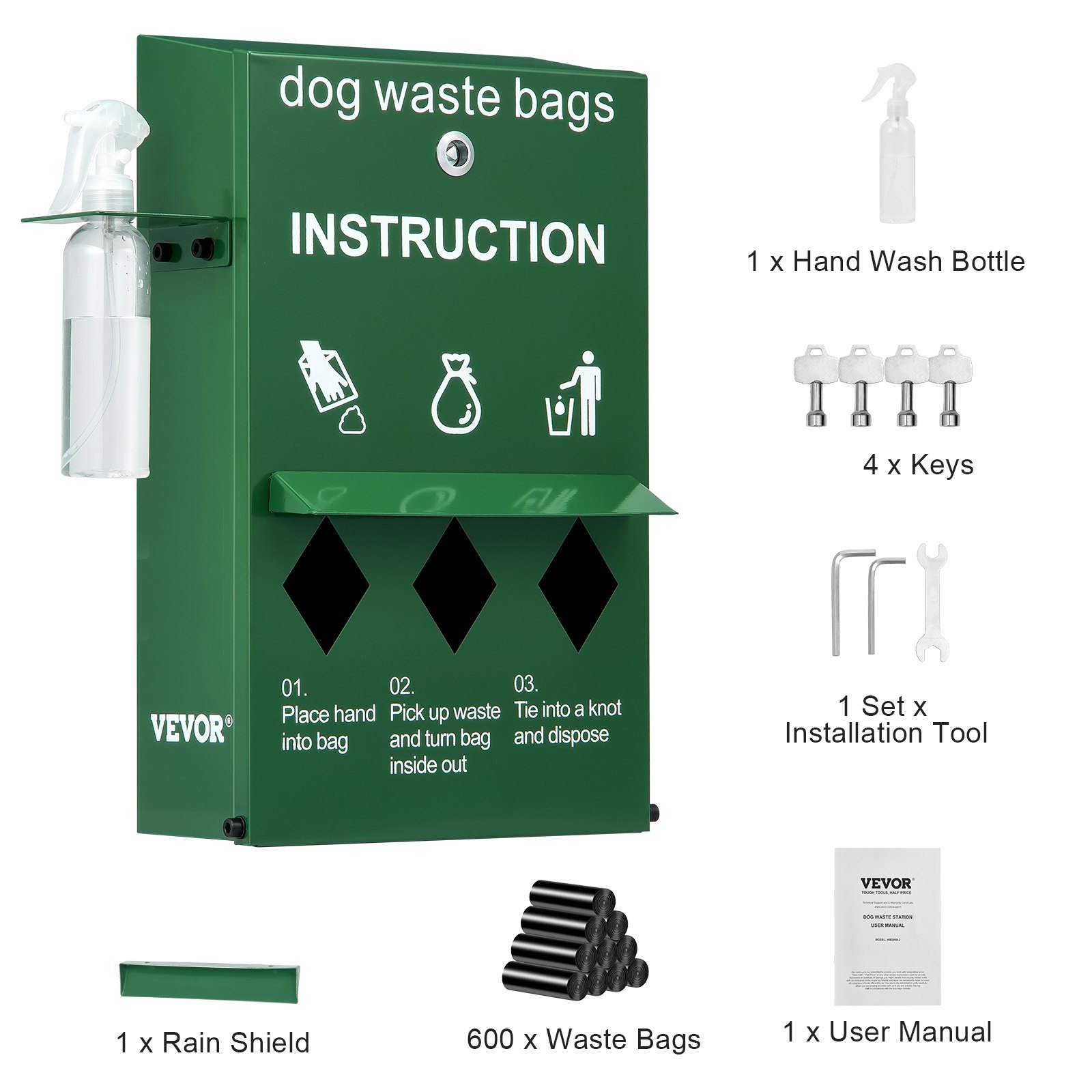 VEVOR Dog Poop Bag Dispenser with Hand Wash Bottle, Lockable Outdoor Dog Waste Bag Holder with 600 Waste Bags, Stake, Pole, Fence & Wall Mounted Dog Poop Bag Storage, Pet Waste Station for Porch, Lawn