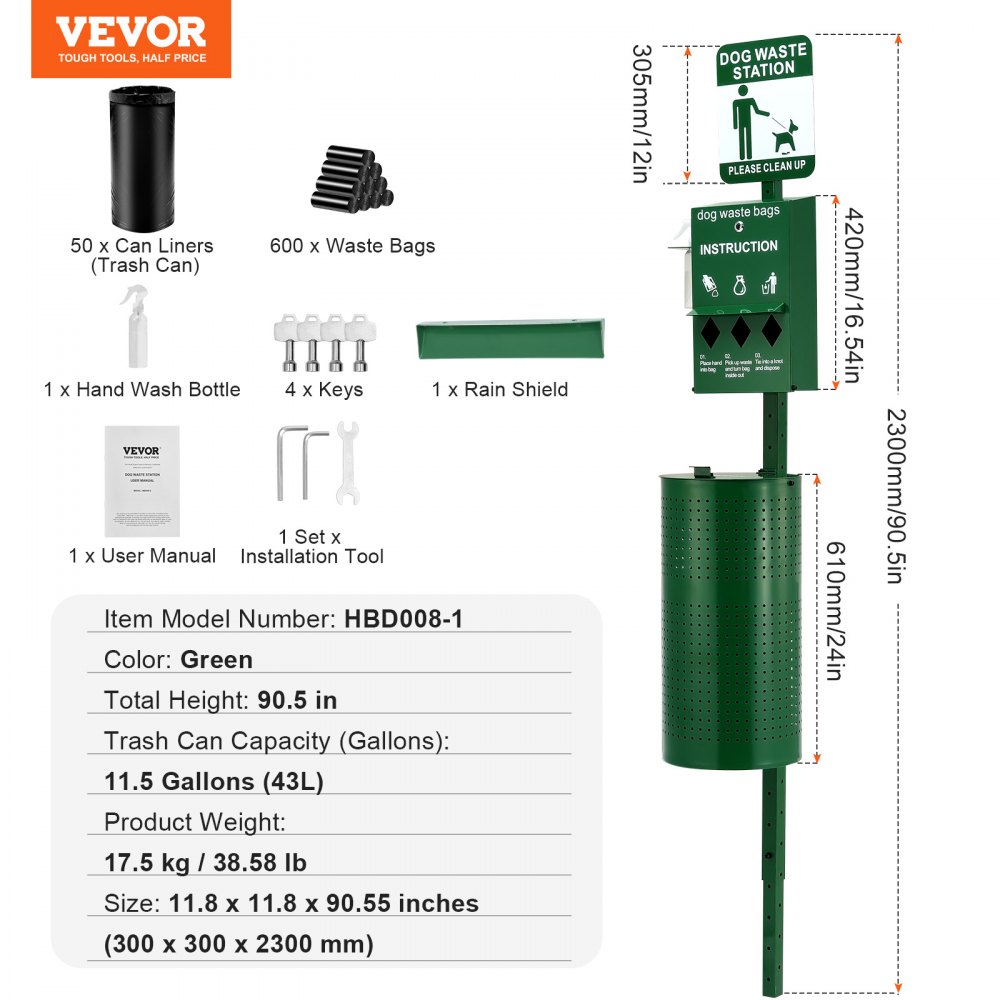VEVOR Dog Waste Station with Hand Wash Bottle, Commercial Dog Poop Station, 11.5 Gallons Pet Waste Bin with 50 Can Liners, Bag Dispenser & 600 Waste Bags, Outdoor Dog Waste Disposal System for Backyard