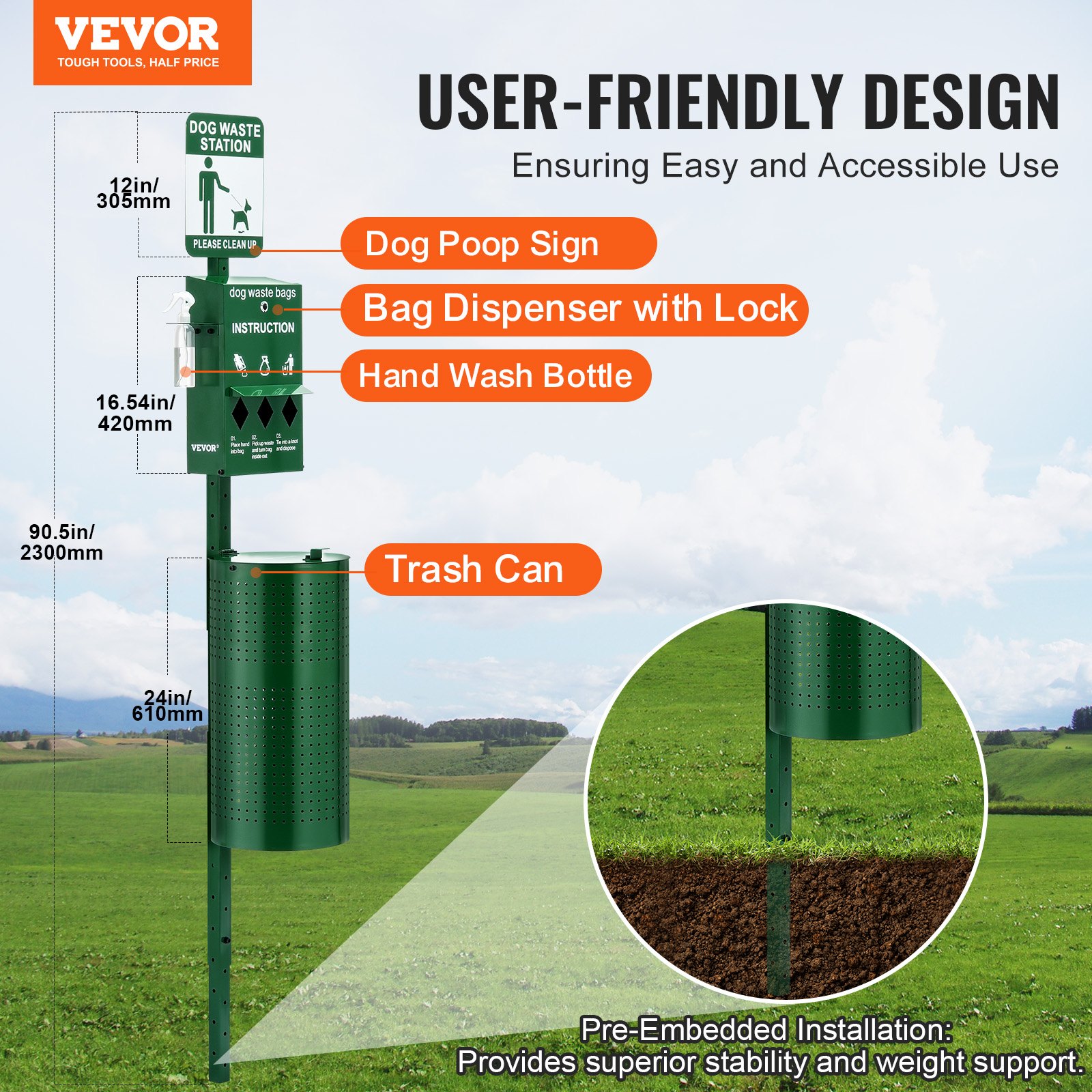 VEVOR Dog Waste Station with Hand Wash Bottle, Commercial Dog Poop Station, 11.5 Gallons Pet Waste Bin with 50 Can Liners, Bag Dispenser & 600 Waste Bags, Outdoor Dog Waste Disposal System for Backyard