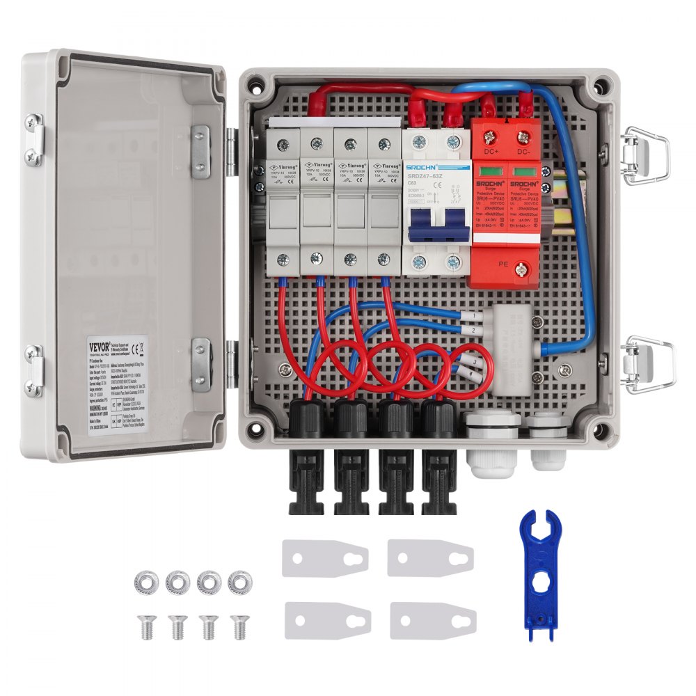 VEVOR solar pv combiner box with multiple breakers, wiring, and installation accessories.