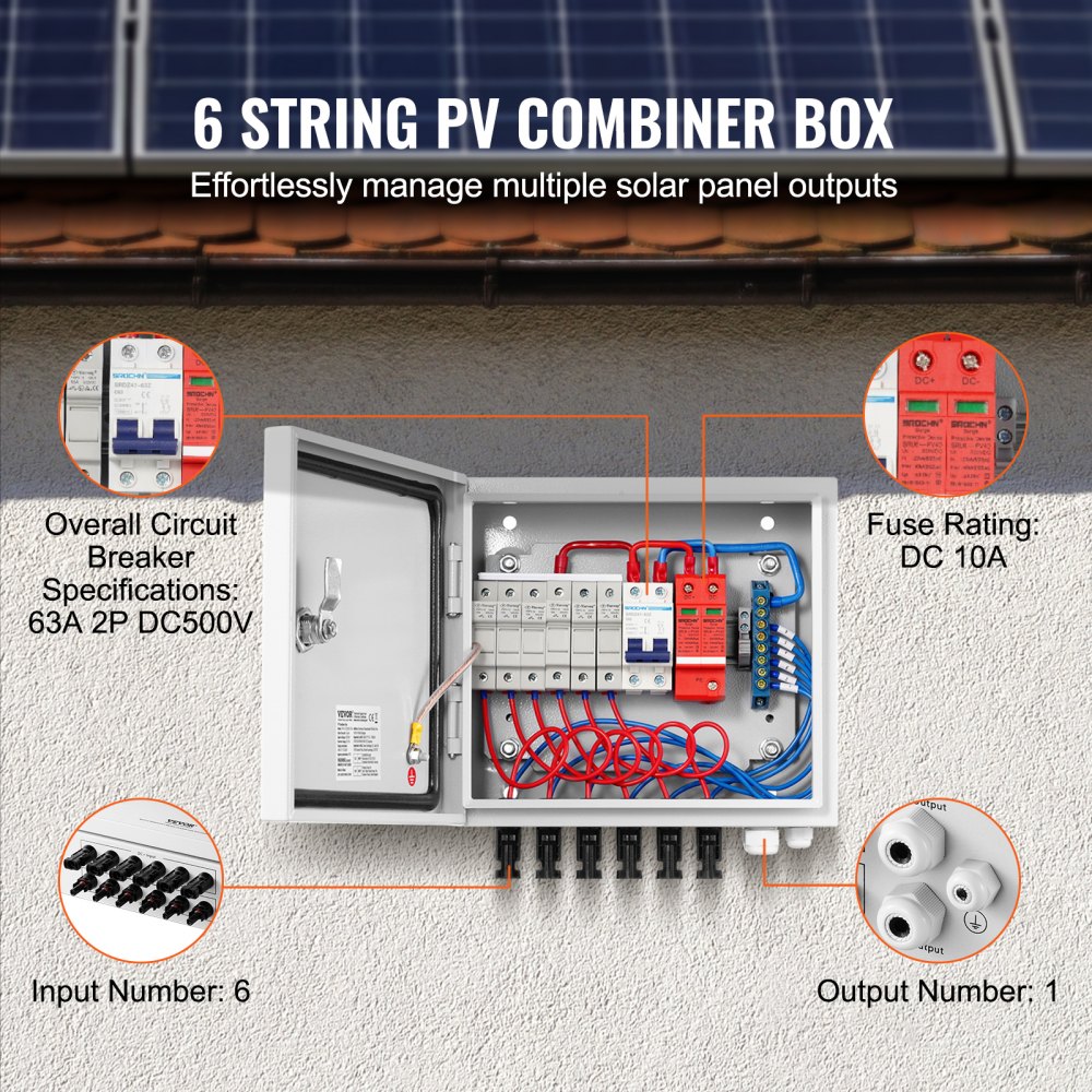 VEVOR PV Combiner Box, 6 String, Solar Combiner Box with 10A Rated Current Fuse 63A Circuit Breaker Lightning Arrester and Solar Connector, Steel Case for On / Off Grid Solar Panel System, IP65