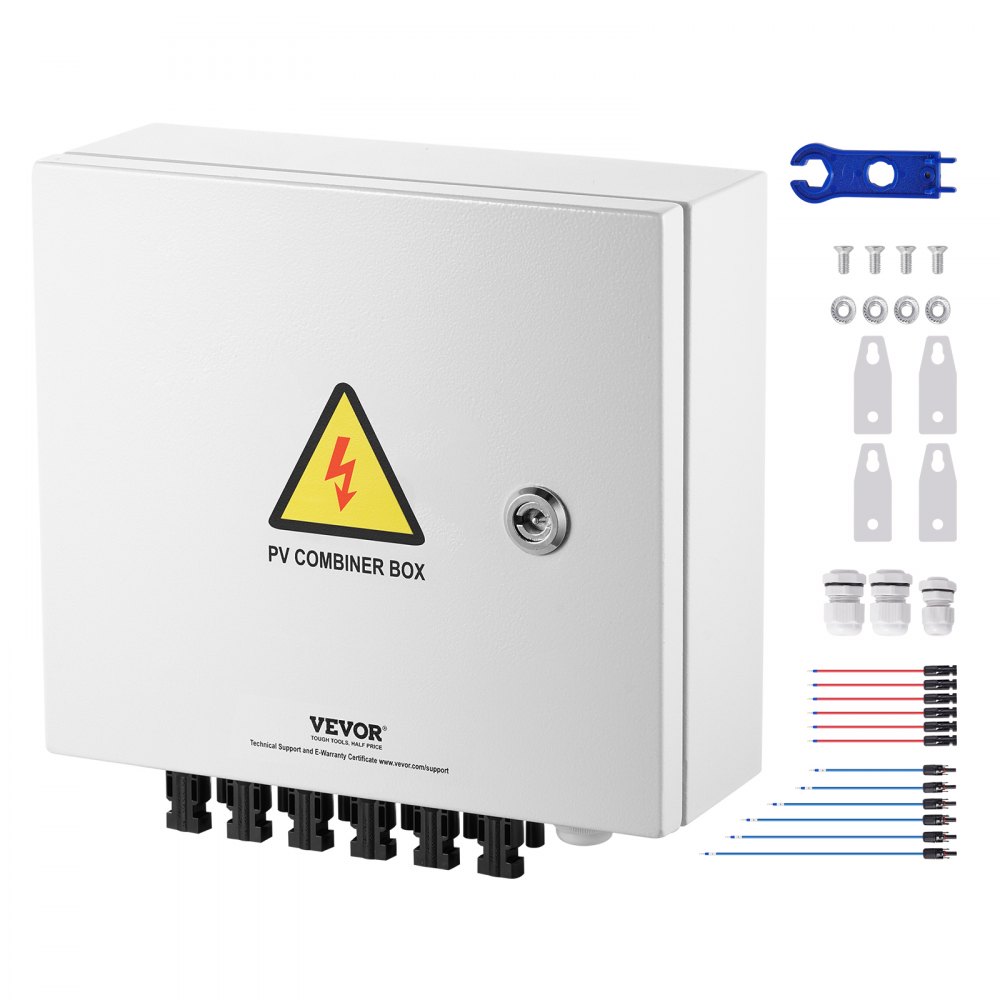 VEVOR PV Combiner Box, 6 String, Solar Combiner Box with 10A Rated Current Fuse 63A Circuit Breaker Lightning Arrester and Solar Connector, Steel Case for On / Off Grid Solar Panel System, IP65
