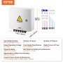 VEVOR solar combiner box with 6 inputs, 1 output, dimensions 280x250x100 mm, and various accessories.