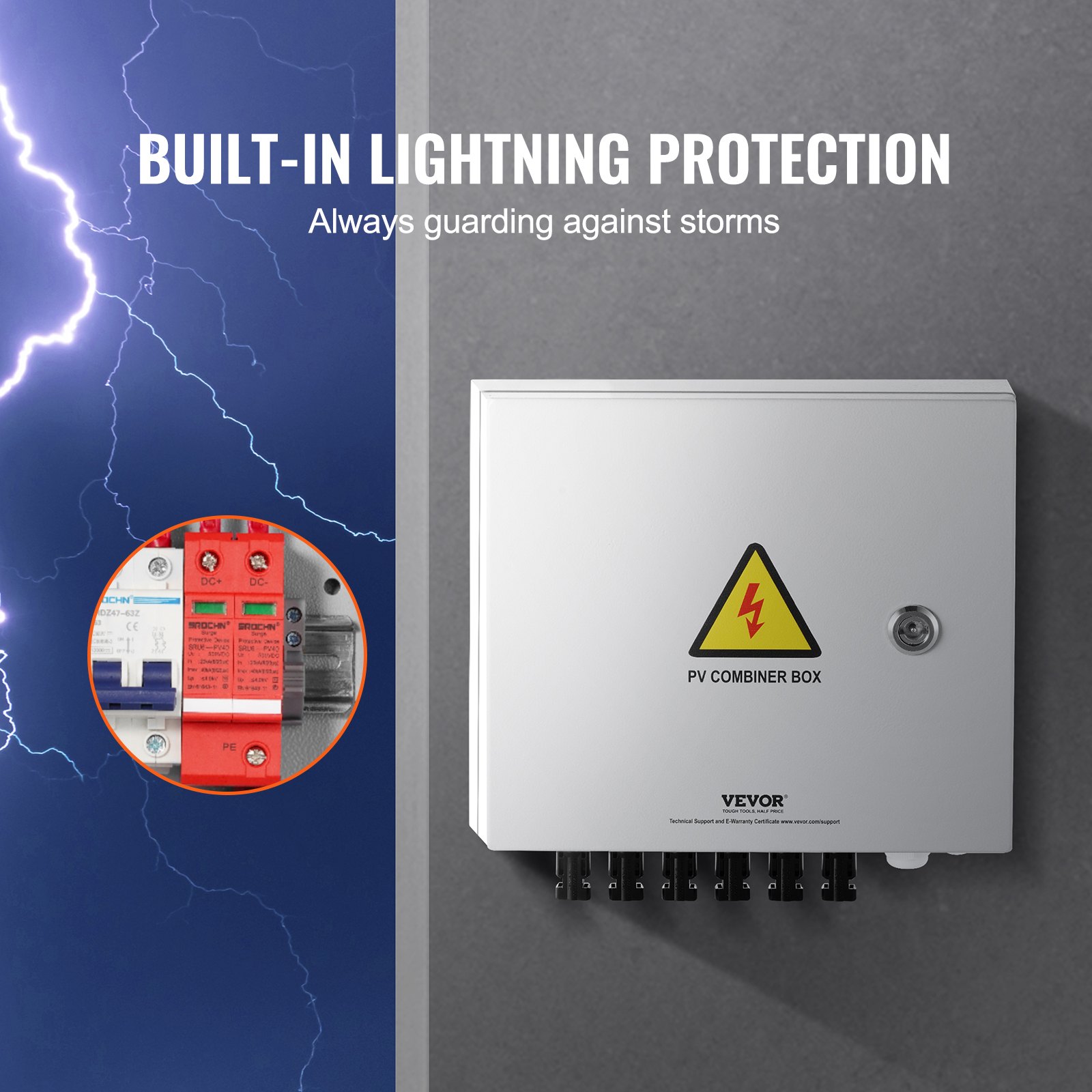 VEVOR PV Combiner Box, 6 String, Solar Combiner Box with 10A Rated Current Fuse 63A Circuit Breaker Lightning Arrester and Solar Connector, Steel Case for On / Off Grid Solar Panel System, IP65