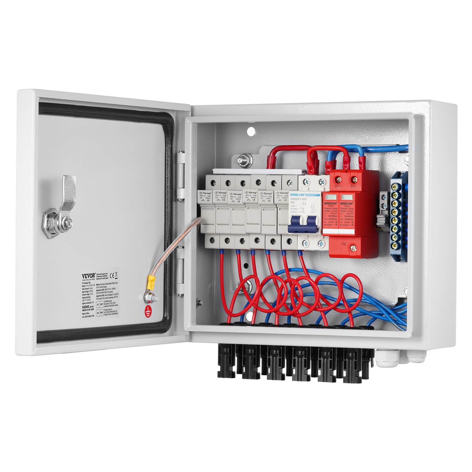 VEVOR PV Combiner Box, 6 String, Solar Combiner Box with 10A Rated Current Fuse 63A Circuit Breaker Lightning Arrester and Solar Connector, Steel Case for On / Off Grid Solar Panel System, IP65