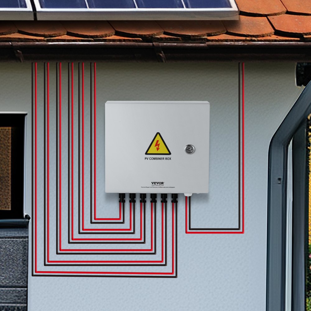 VEVOR PV Combiner Box, 6 String, Solar Combiner Box with 15A Rated Current Fuse 125A Circuit Breaker Lightning Arrester and Solar Connector, Steel Case for On / Off Grid Solar Panel System, IP65