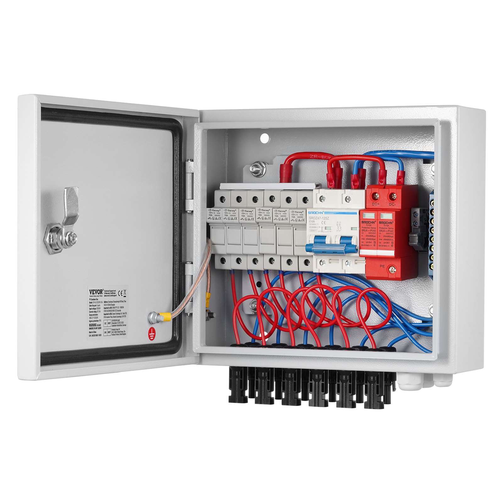 VEVOR PV Combiner Box, 6 String, Solar Combiner Box with 15A Rated Current Fuse 125A Circuit Breaker Lightning Arrester and Solar Connector, Steel Case for On / Off Grid Solar Panel System, IP65