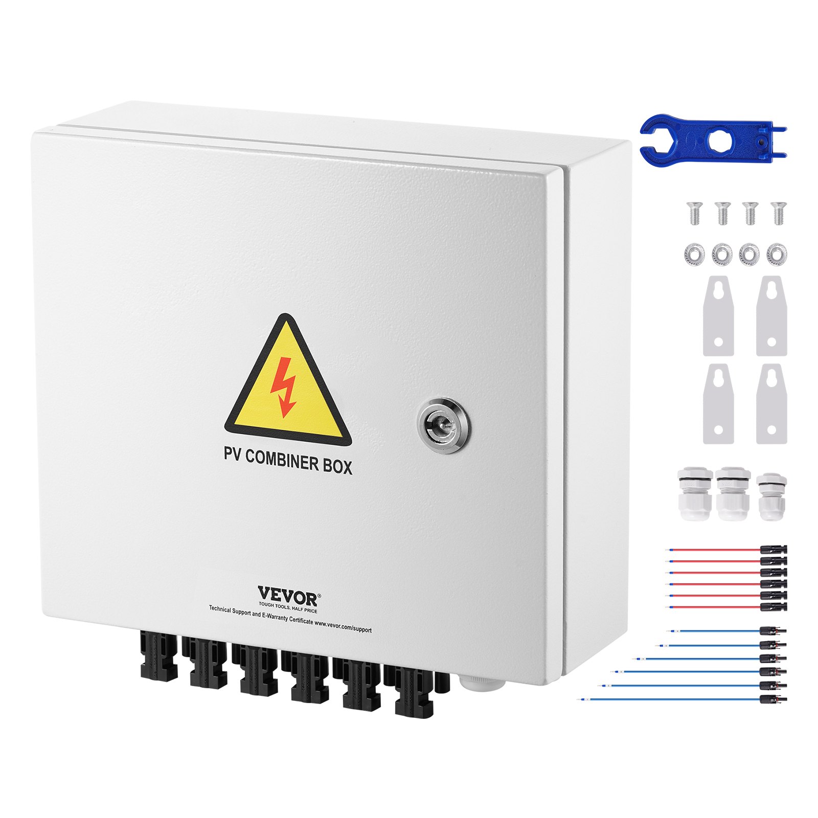 VEVOR PV Combiner Box, 6 String, Solar Combiner Box with 15A Rated Current Fuse 125A Circuit Breaker Lightning Arrester and Solar Connector, Steel Case for On / Off Grid Solar Panel System, IP65