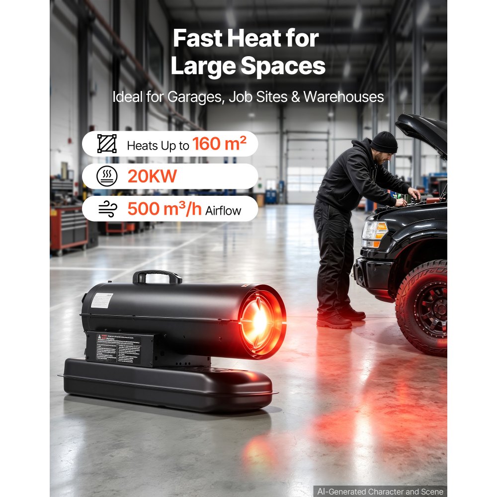 VEVOR Forced Air Kerosene Heater, 20 kW Output Diesel Torpedo Space Heater, for Garage, Warehouse, Workshop, Job Site, Construction, Fast Heating, with Thermostat Control, Premium Carbon Steel, Black
