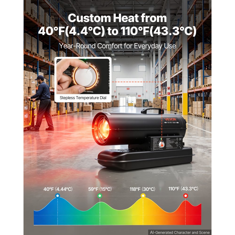 VEVOR Forced Air Kerosene Heater, 20 kW Output Diesel Torpedo Space Heater, for Garage, Warehouse, Workshop, Job Site, Construction, Fast Heating, with Thermostat Control, Premium Carbon Steel, Black
