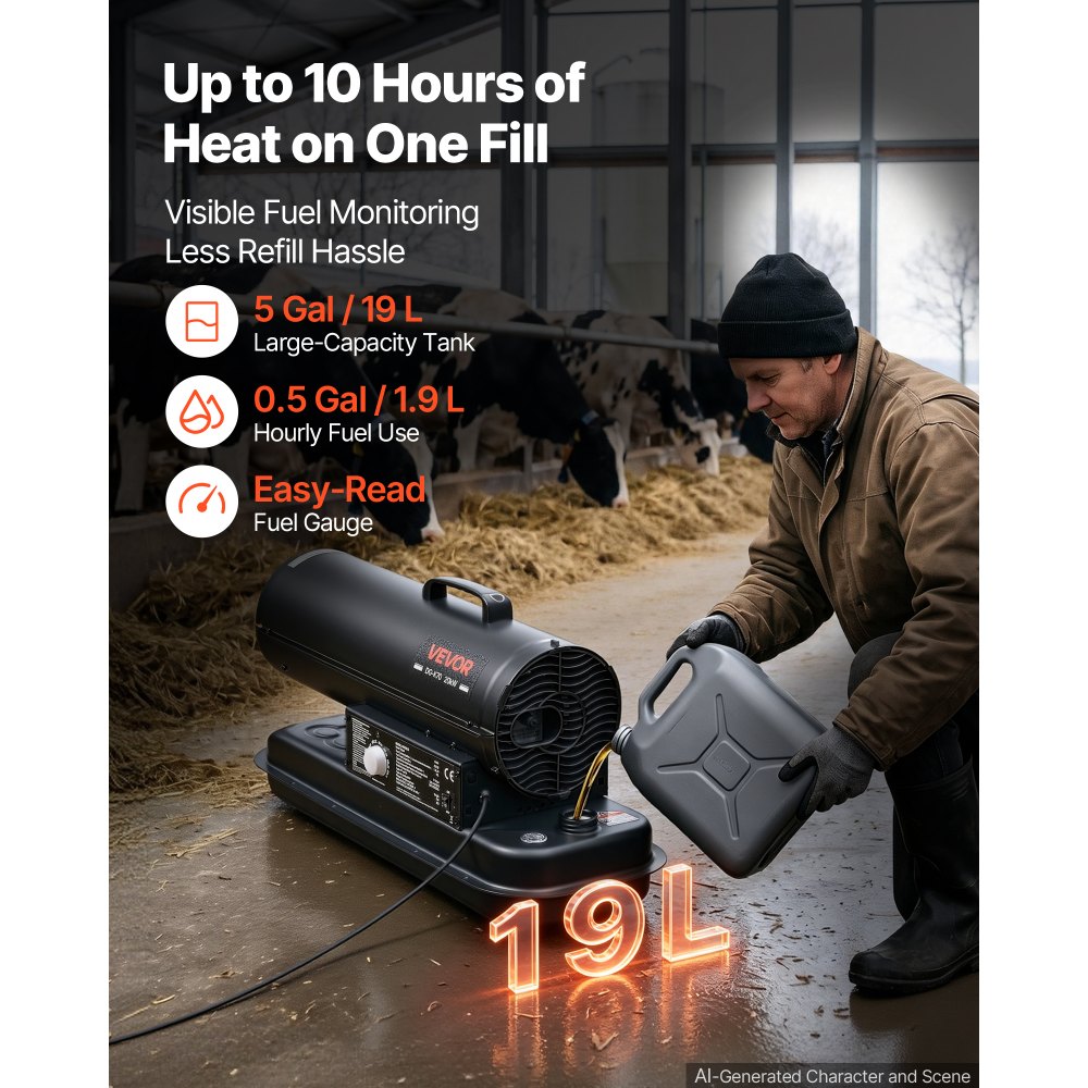 VEVOR Forced Air Kerosene Heater, 20 kW Output Diesel Torpedo Space Heater, for Garage, Warehouse, Workshop, Job Site, Construction, Fast Heating, with Thermostat Control, Premium Carbon Steel, Black