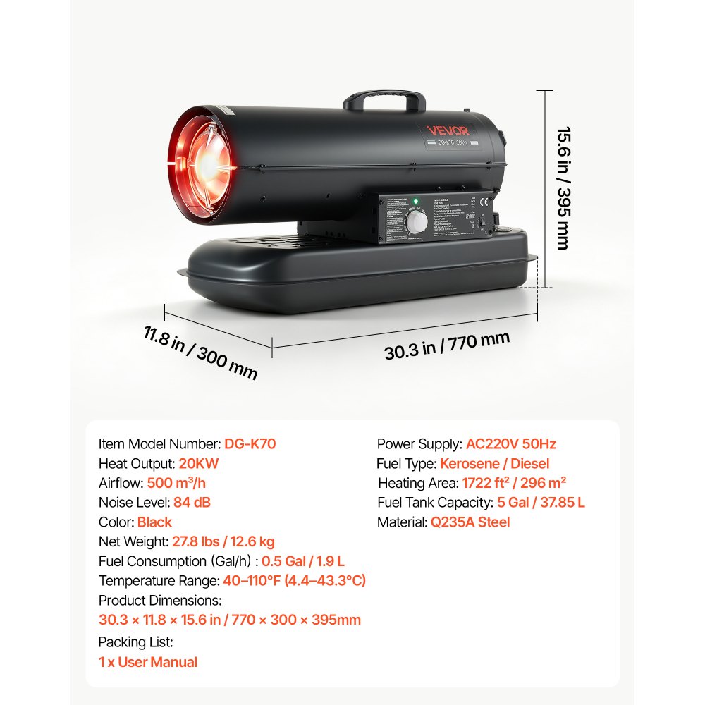 VEVOR Forced Air Kerosene Heater, 20 kW Output Diesel Torpedo Space Heater, for Garage, Warehouse, Workshop, Job Site, Construction, Fast Heating, with Thermostat Control, Premium Carbon Steel, Black