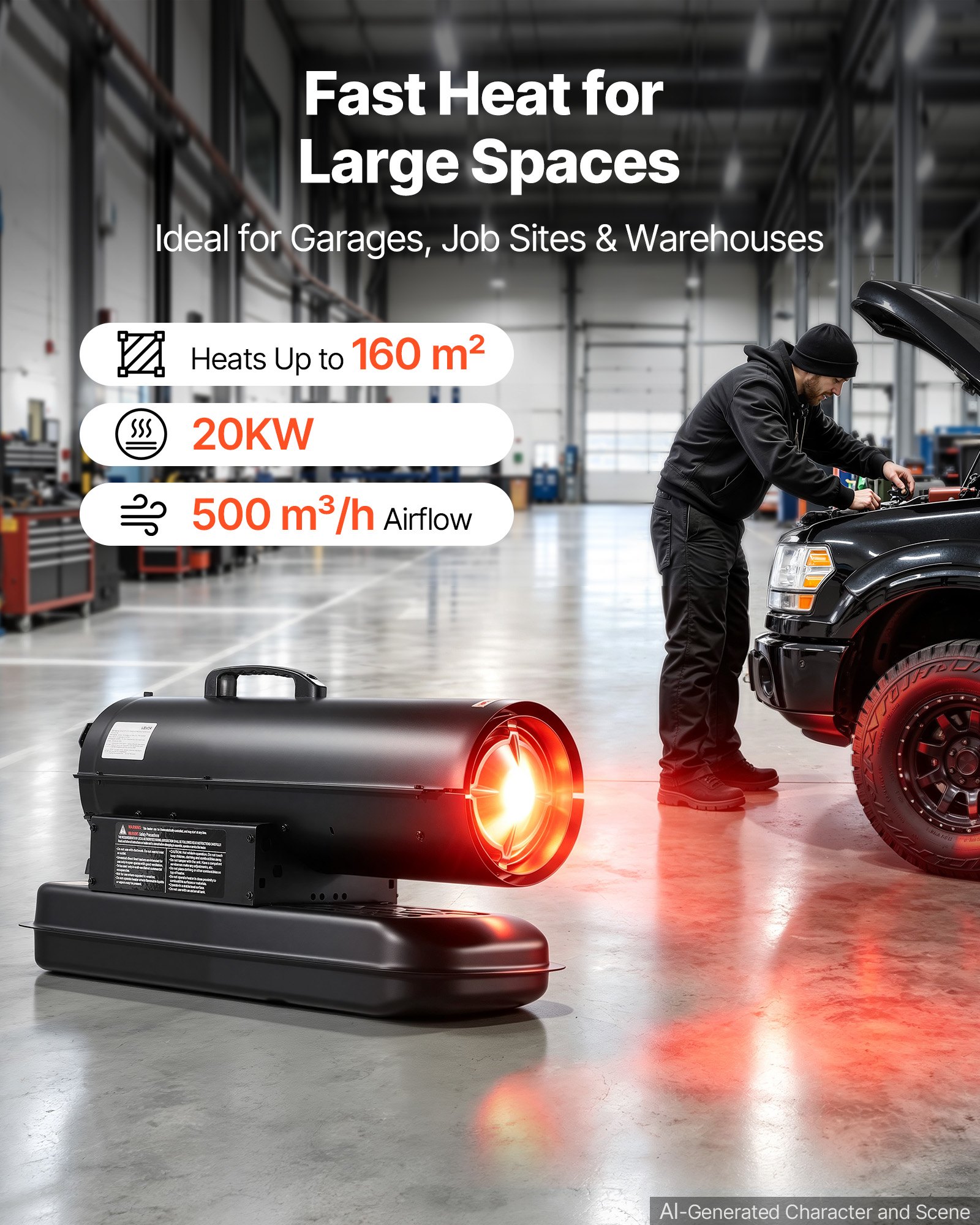VEVOR Forced Air Kerosene Heater, 20 kW Output Diesel Torpedo Space Heater, for Garage, Warehouse, Workshop, Job Site, Construction, Fast Heating, with Thermostat Control, Premium Carbon Steel, Black