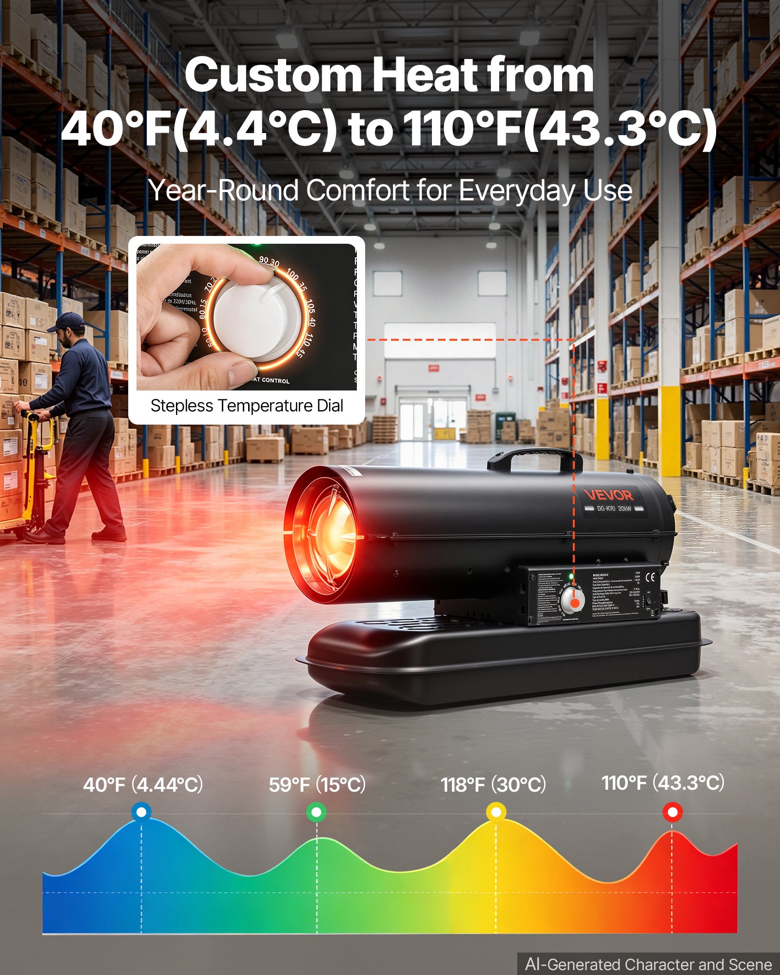 VEVOR Forced Air Kerosene Heater, 20 kW Output Diesel Torpedo Space Heater, for Garage, Warehouse, Workshop, Job Site, Construction, Fast Heating, with Thermostat Control, Premium Carbon Steel, Black
