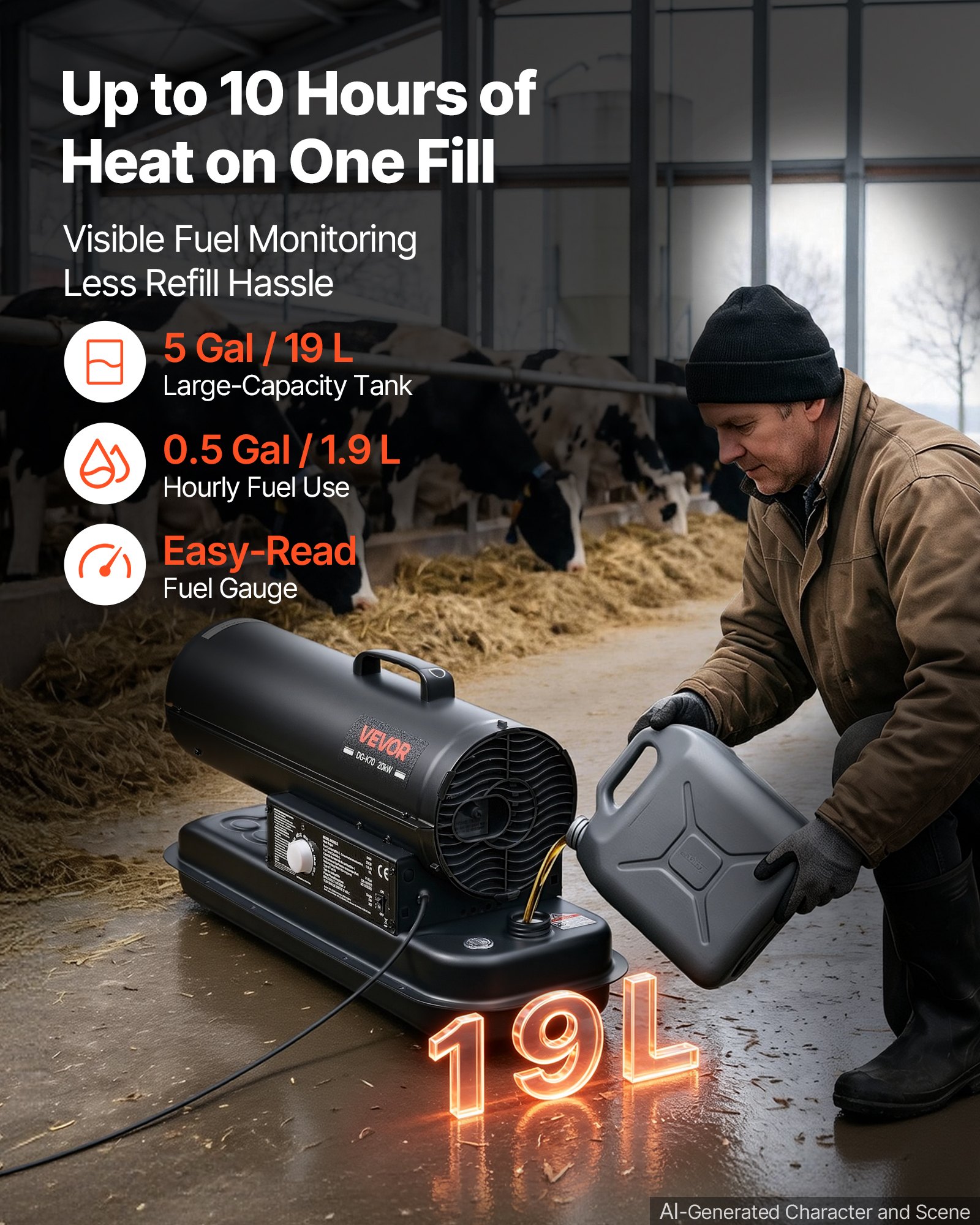 VEVOR Forced Air Kerosene Heater, 20 kW Output Diesel Torpedo Space Heater, for Garage, Warehouse, Workshop, Job Site, Construction, Fast Heating, with Thermostat Control, Premium Carbon Steel, Black