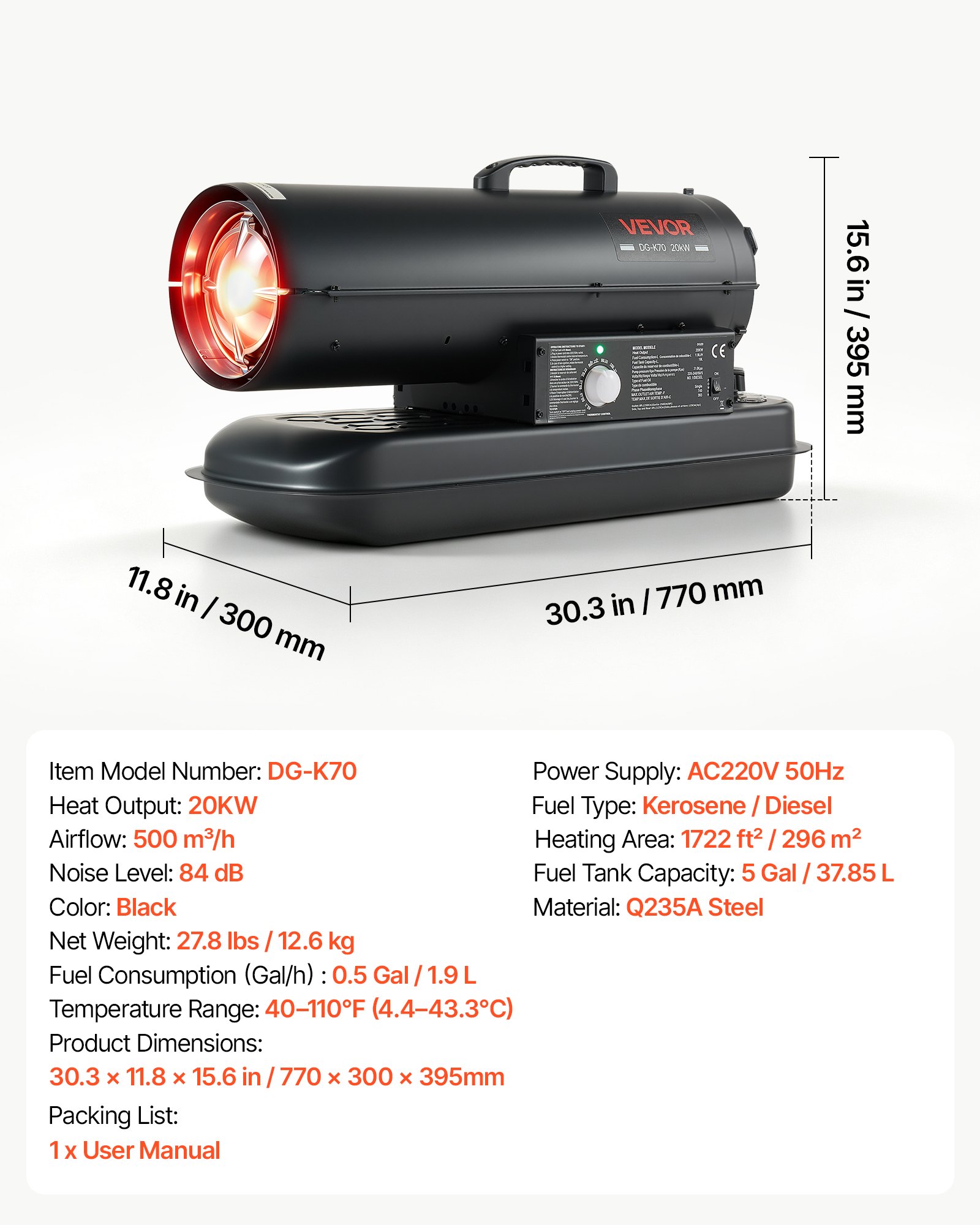 VEVOR Forced Air Kerosene Heater, 20 kW Output Diesel Torpedo Space Heater, for Garage, Warehouse, Workshop, Job Site, Construction, Fast Heating, with Thermostat Control, Premium Carbon Steel, Black