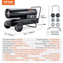VEVOR Kerosene Forced Air Heater, 215000 BTU Portable Torpedo Diesel Space Heater with Thermostat, 13.2 Gallon Tank Energy-Efficient heavy-duty Heater, for Indoor Outdoor Use Workshop Industry