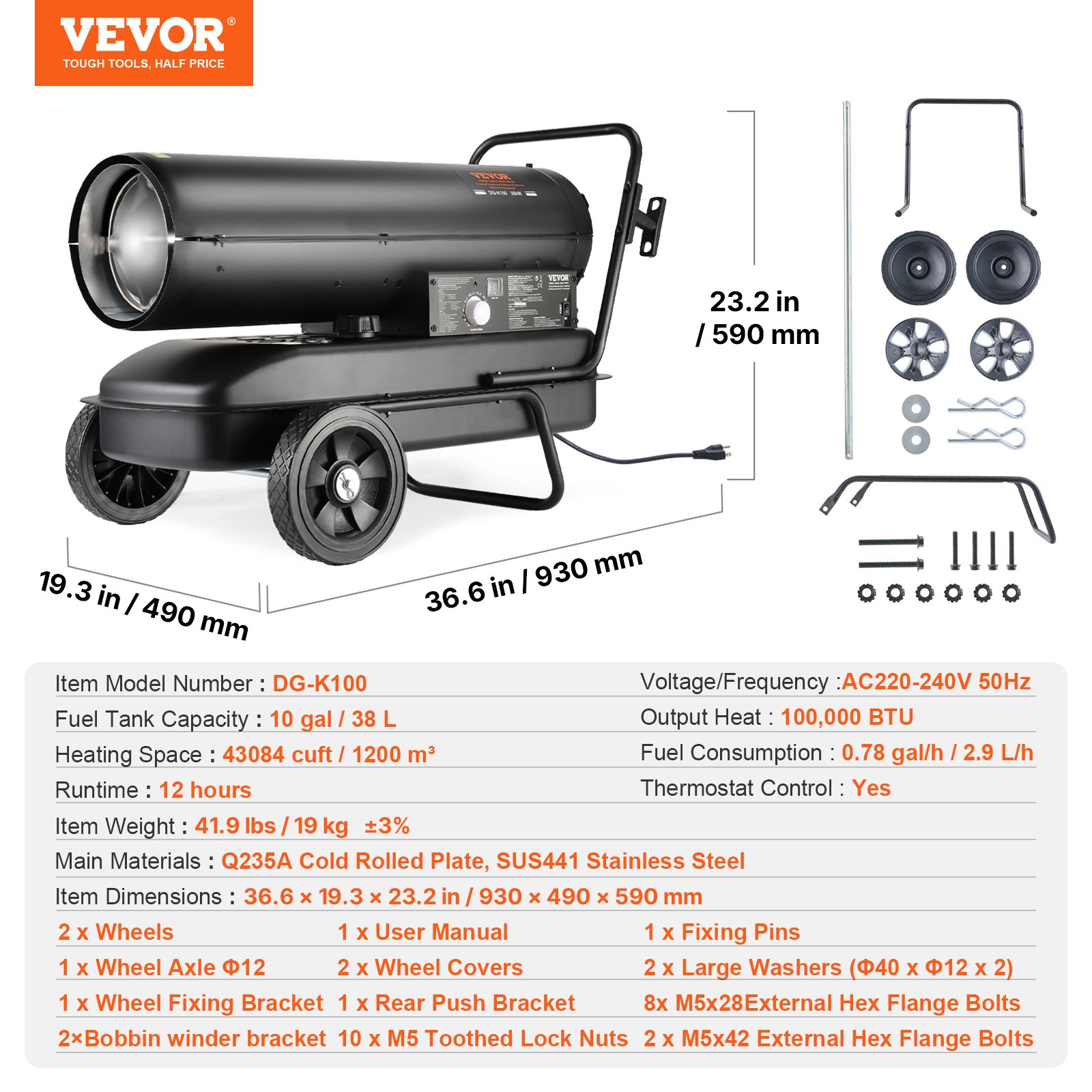 VEVOR Forced Air Kerosene Heater, 30kW Portable Diesel Torpedo Space Heater, for Garage, Warehouse, Workshop, Job Site, Construction, Flexible with Wheels and Thermostat Control, Carbon Steel, Black