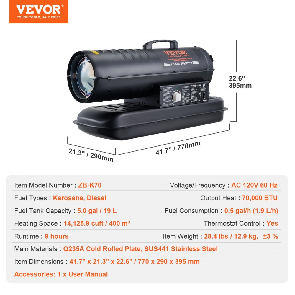 VEVOR petrolejový/naftový ohřívač vzduchu, torpédový ohřívač prostoru s výkonem 70 000 Btu, přenosný s termostatem, 19l nádrž, účinný petrolejový ohřívač pro vnitřní/venkovní použití v domácnosti, na staveništi, v průmyslu a dílnách, černý