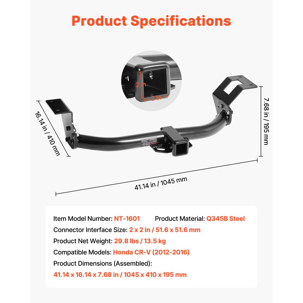 VEVOR Class 3 Trailer Hitch, 2-Inch Receiver, 6000 lbs, Q345B Steel Tube Frame, Compatible with 2012-2016 Honda CR-V, Multi-Fit Hitch to Receive Ball Mount, Cargo Carrier, Bike Rack, Tow Hook, Black