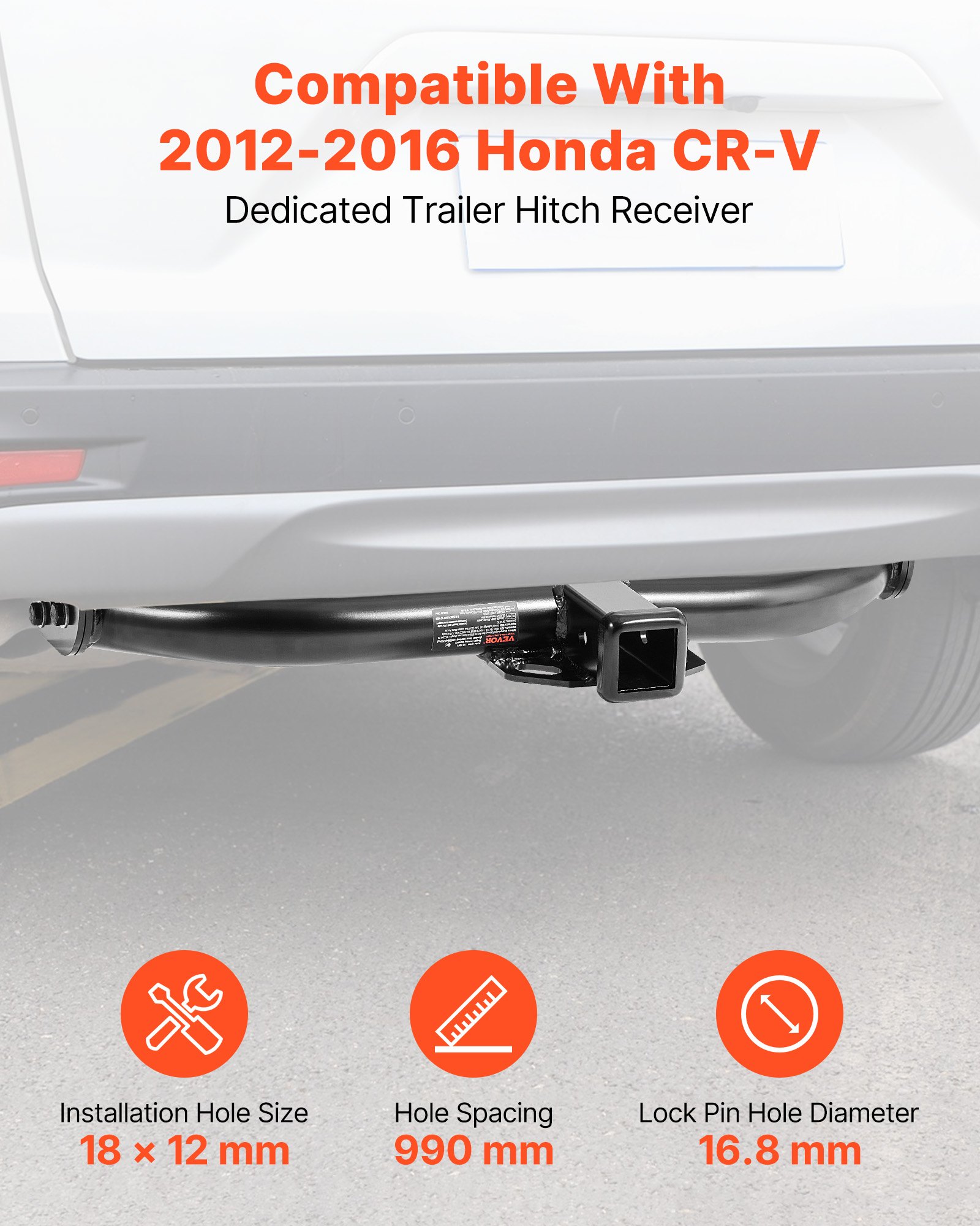 VEVOR Class 3 Trailer Hitch, 2-Inch Receiver, 6000 lbs, Q345B Steel Tube Frame, Compatible with 2012-2016 Honda CR-V, Multi-Fit Hitch to Receive Ball Mount, Cargo Carrier, Bike Rack, Tow Hook, Black