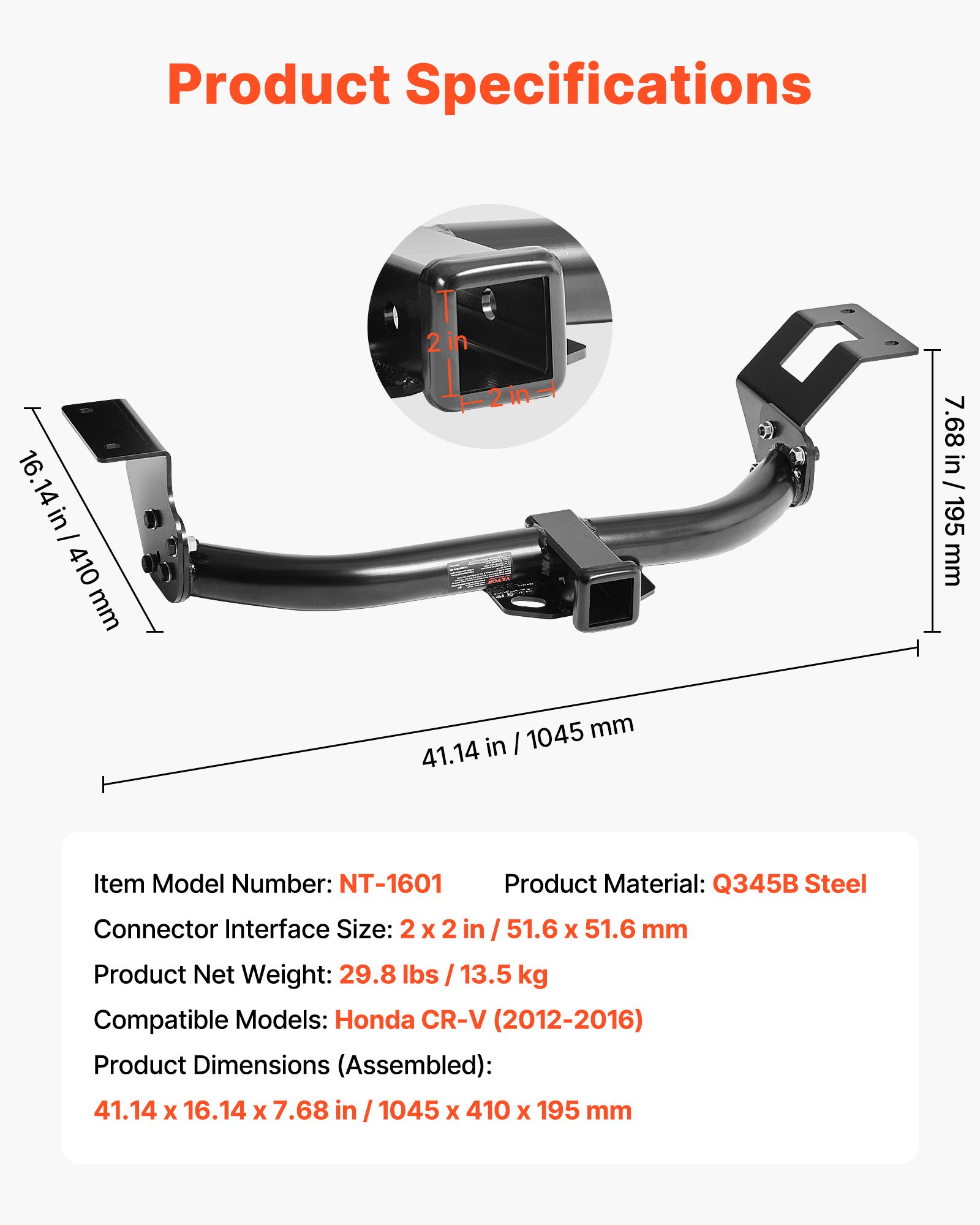VEVOR Class 3 Trailer Hitch, 2-Inch Receiver, 6000 lbs, Q345B Steel Tube Frame, Compatible with 2012-2016 Honda CR-V, Multi-Fit Hitch to Receive Ball Mount, Cargo Carrier, Bike Rack, Tow Hook, Black
