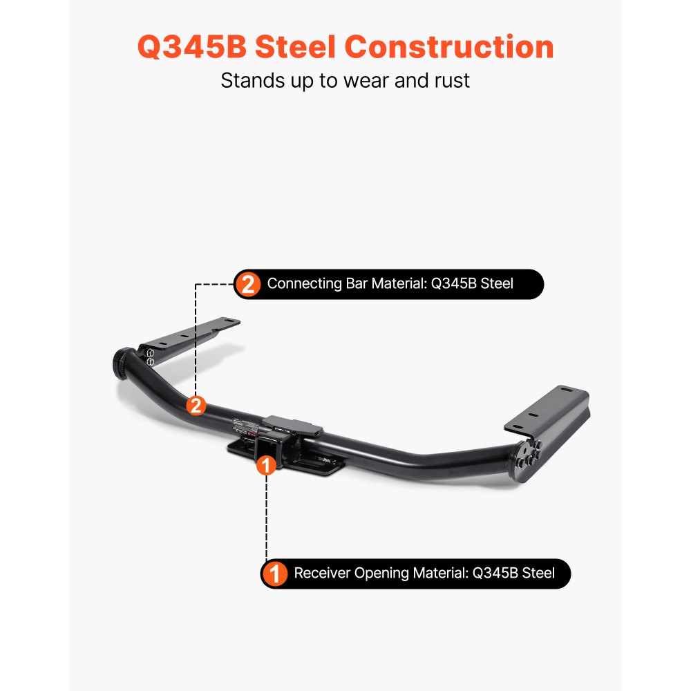 VEVOR Class 3 Trailer Hitch, 2-Inch Receiver, Compatible with 2014-2019 Toyota Highlander, Q345B Steel Tube Frame, Multi-Fit Hitch to Receive Ball Mount, Cargo Carrier, Bike Rack, and Tow Hook, Black