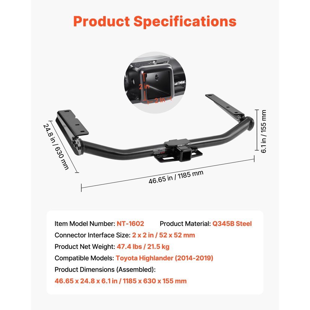 VEVOR Class 3 Trailer Hitch, 2-Inch Receiver, Compatible with 2014-2019 Toyota Highlander, Q345B Steel Tube Frame, Multi-Fit Hitch to Receive Ball Mount, Cargo Carrier, Bike Rack, and Tow Hook, Black