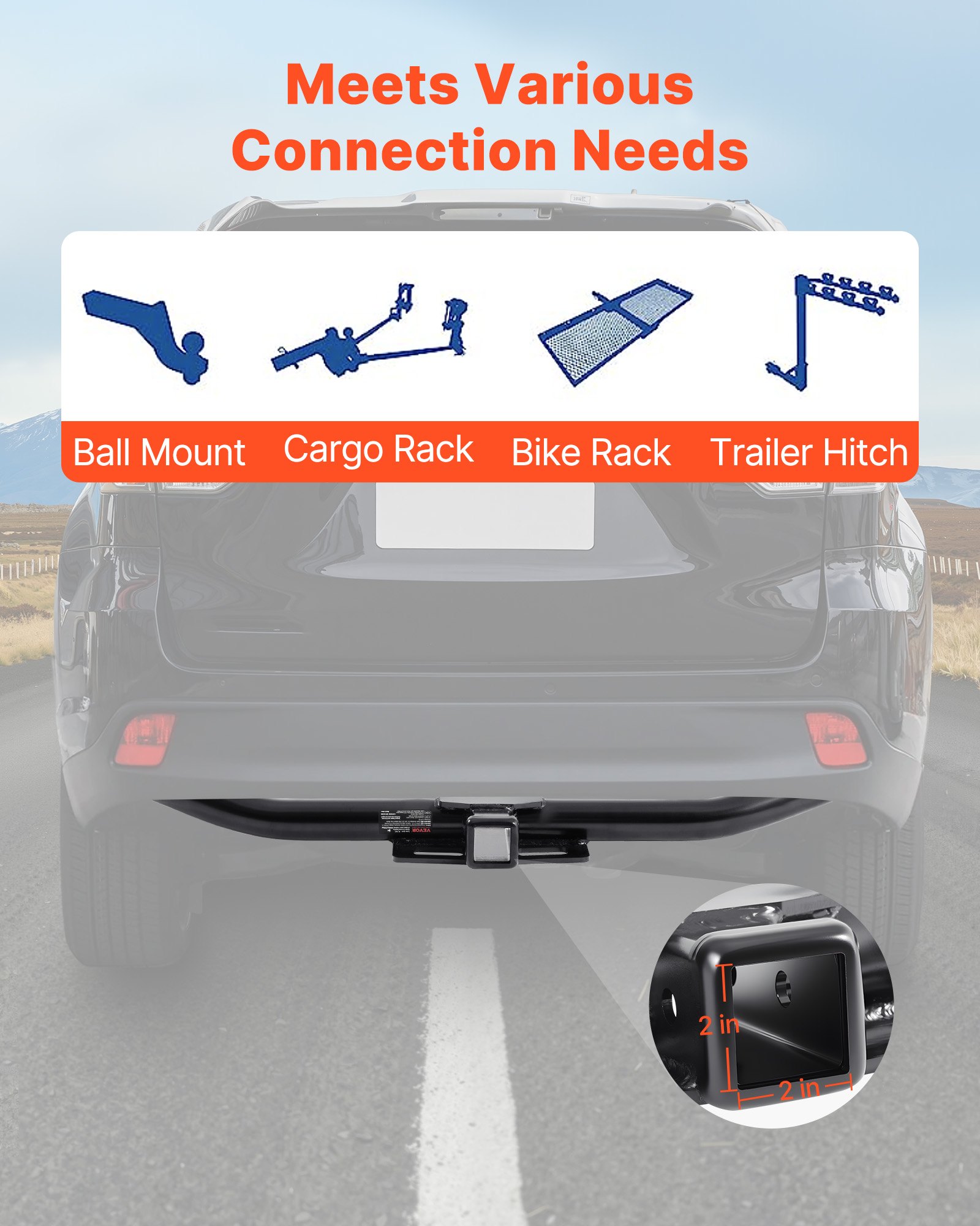 VEVOR Class 3 Trailer Hitch, 2-Inch Receiver, Compatible with 2014-2019 Toyota Highlander, Q345B Steel Tube Frame, Multi-Fit Hitch to Receive Ball Mount, Cargo Carrier, Bike Rack, and Tow Hook, Black