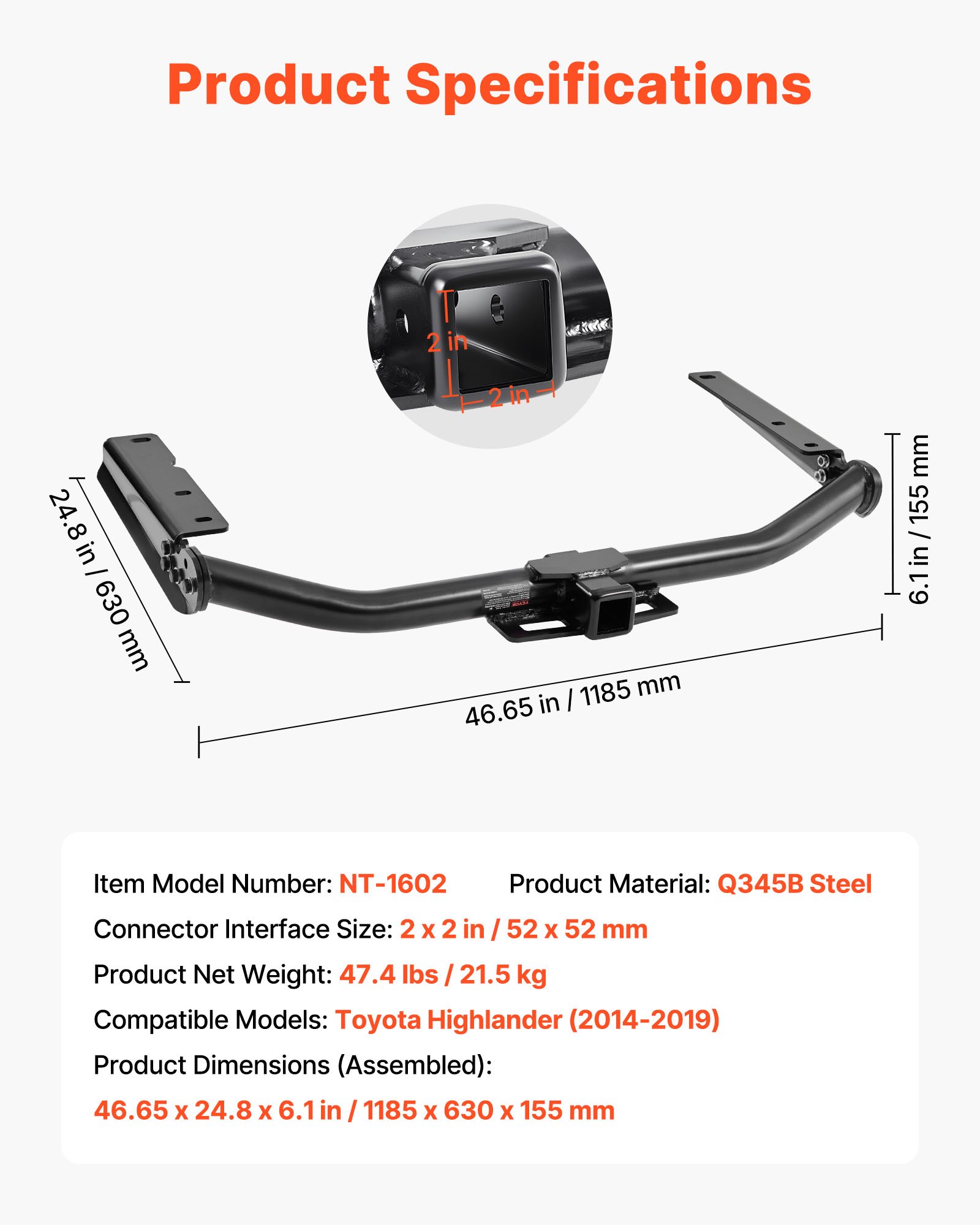VEVOR Class 3 Trailer Hitch, 2-Inch Receiver, Compatible with 2014-2019 Toyota Highlander, Q345B Steel Tube Frame, Multi-Fit Hitch to Receive Ball Mount, Cargo Carrier, Bike Rack, and Tow Hook, Black