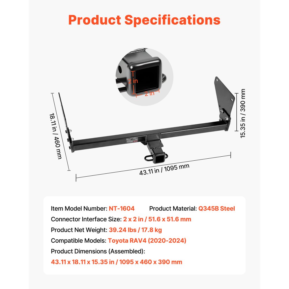VEVOR Class 3 Trailer Hitch, 2-Inch Receiver, 6000 lbs, Q345B Steel Tube Frame, Compatible with 2020-2024 Toyota RAV4, Multi-Fit Hitch to Receive Ball Mount, Cargo Carrier, Bike Rack, Tow Hook, Black