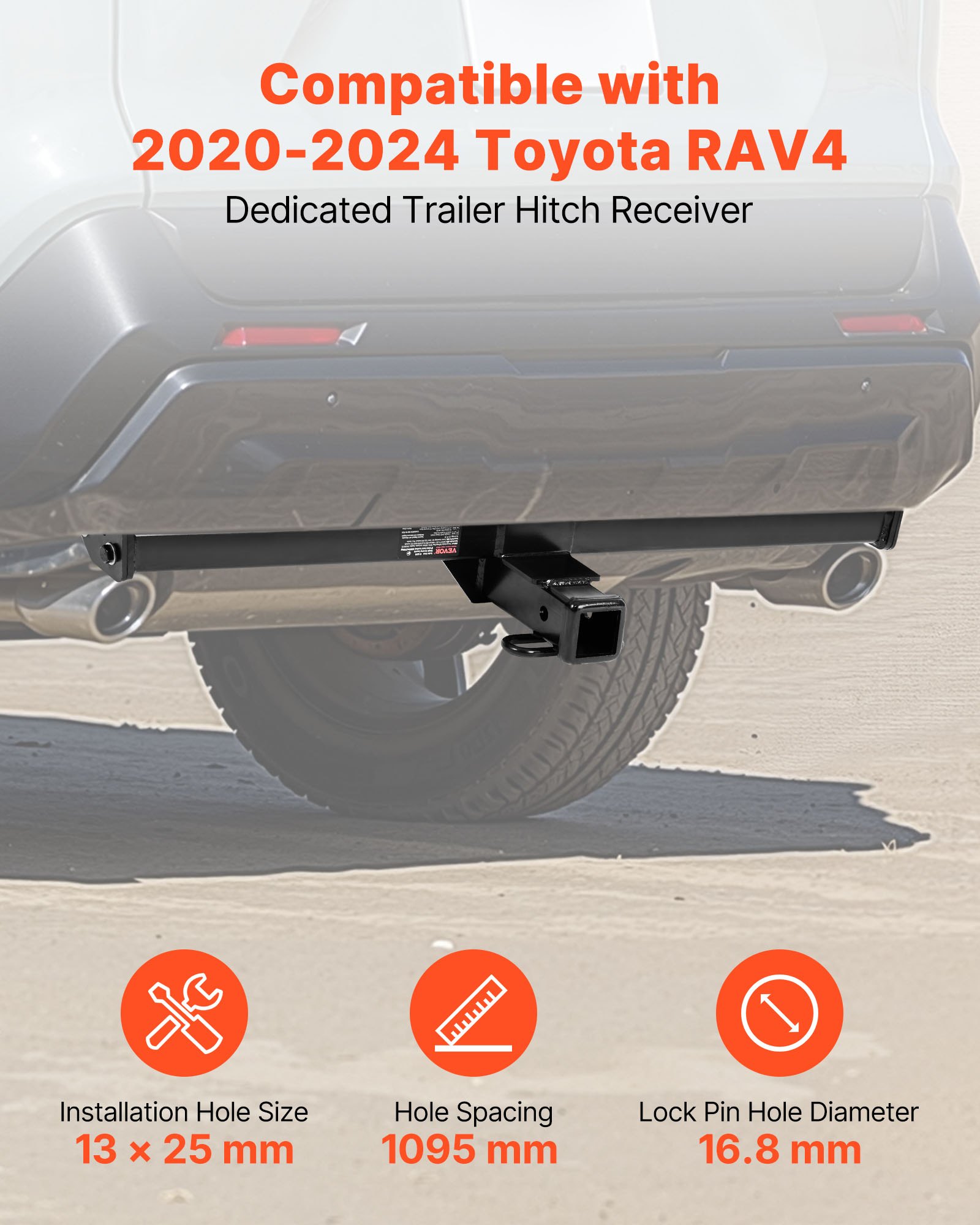 VEVOR Class 3 Trailer Hitch, 2-Inch Receiver, 6000 lbs, Q345B Steel Tube Frame, Compatible with 2020-2024 Toyota RAV4, Multi-Fit Hitch to Receive Ball Mount, Cargo Carrier, Bike Rack, Tow Hook, Black