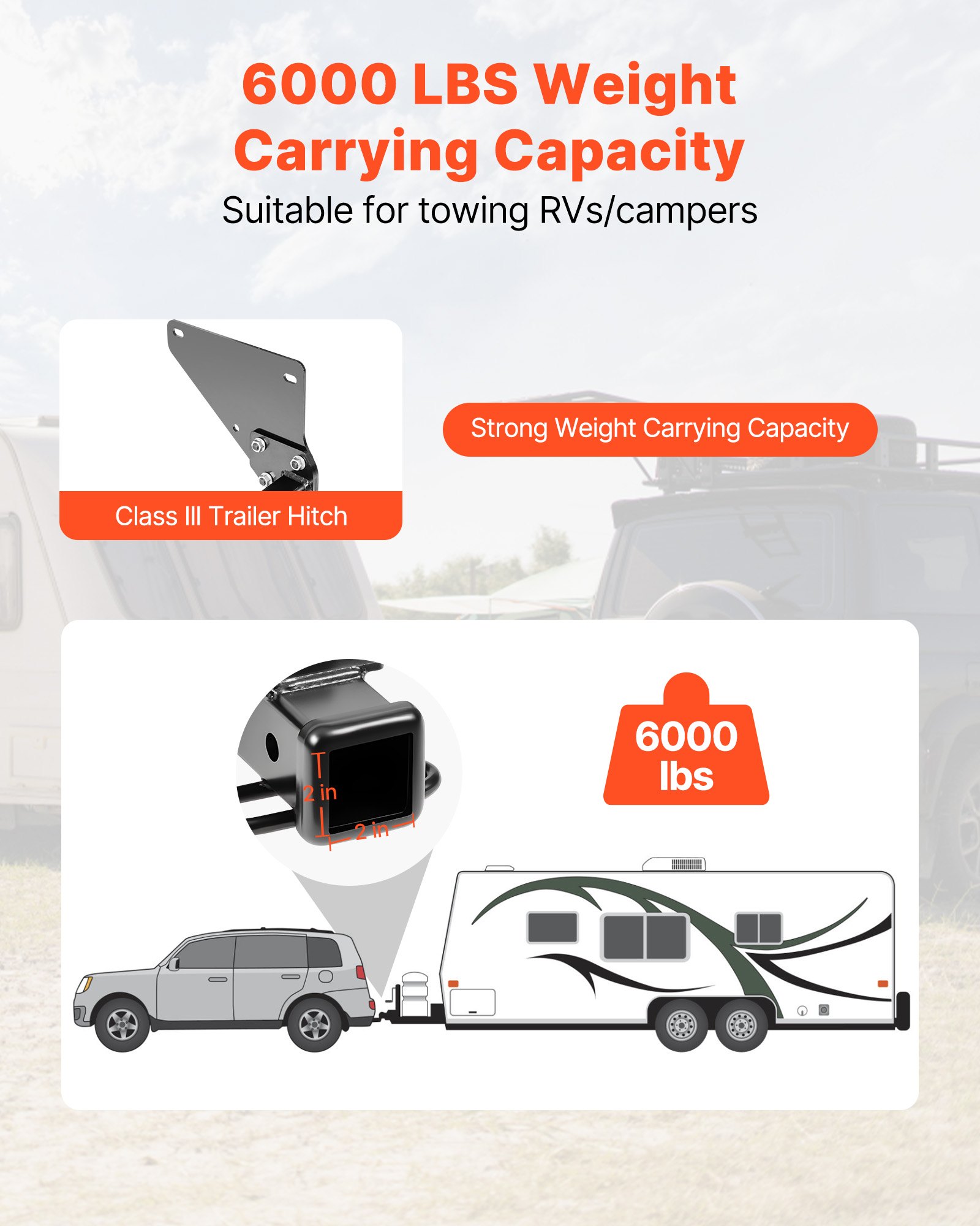 VEVOR Class 3 Trailer Hitch, 2-Inch Receiver, 6000 lbs, Q345B Steel Tube Frame, Compatible with 2020-2024 Toyota RAV4, Multi-Fit Hitch to Receive Ball Mount, Cargo Carrier, Bike Rack, Tow Hook, Black