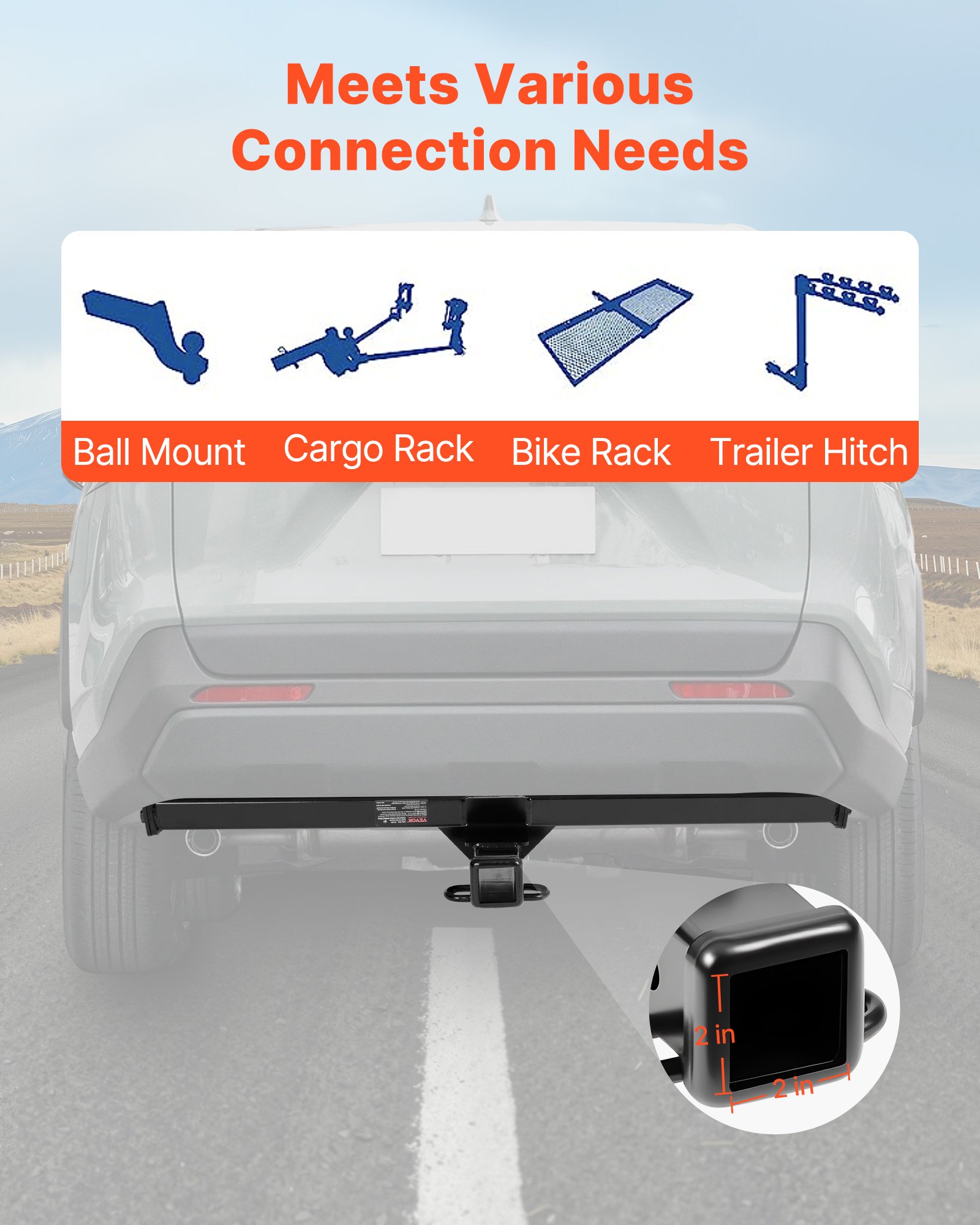 VEVOR Class 3 Trailer Hitch, 2-Inch Receiver, 6000 lbs, Q345B Steel Tube Frame, Compatible with 2020-2024 Toyota RAV4, Multi-Fit Hitch to Receive Ball Mount, Cargo Carrier, Bike Rack, Tow Hook, Black