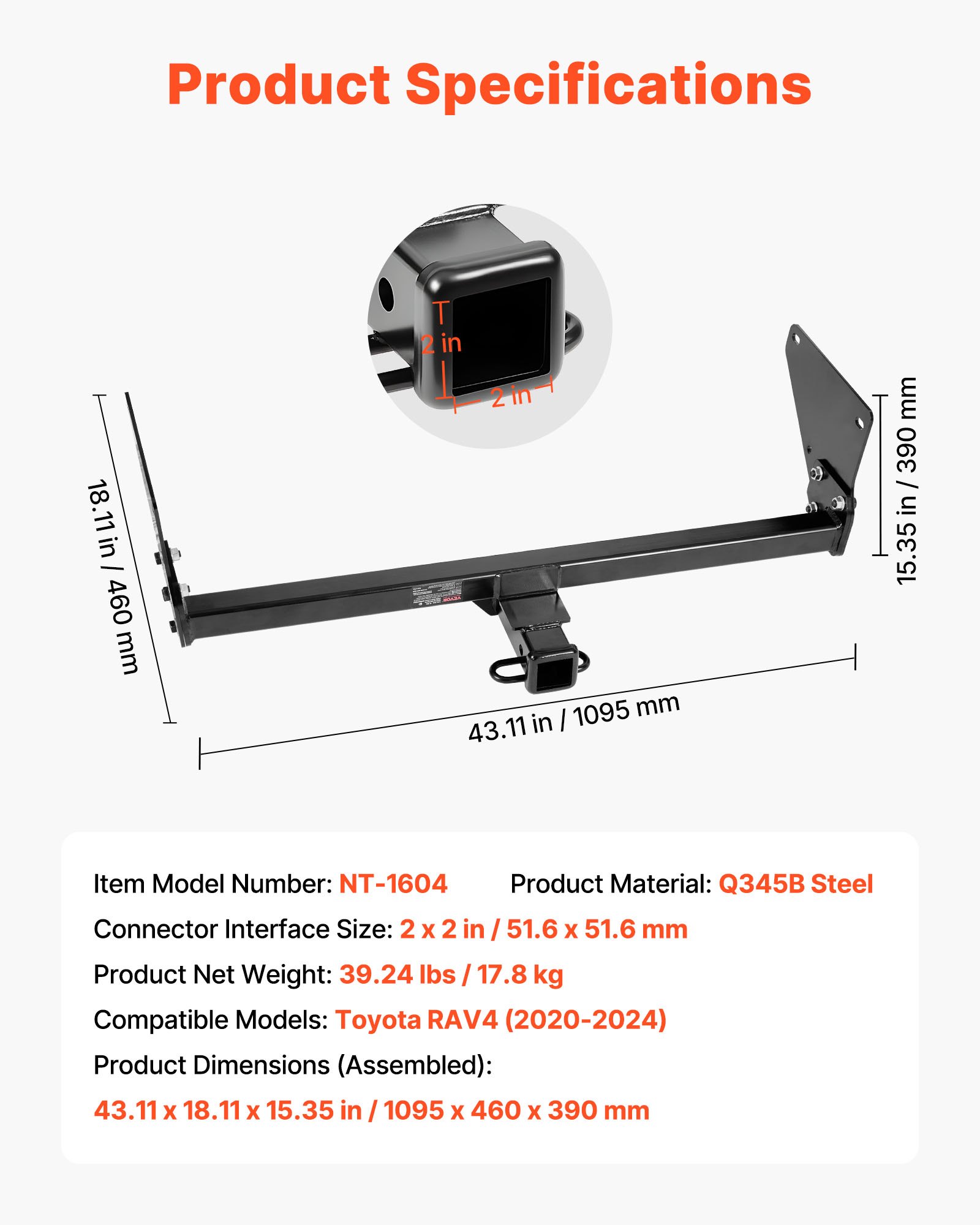 VEVOR Class 3 Trailer Hitch, 2-Inch Receiver, 6000 lbs, Q345B Steel Tube Frame, Compatible with 2020-2024 Toyota RAV4, Multi-Fit Hitch to Receive Ball Mount, Cargo Carrier, Bike Rack, Tow Hook, Black