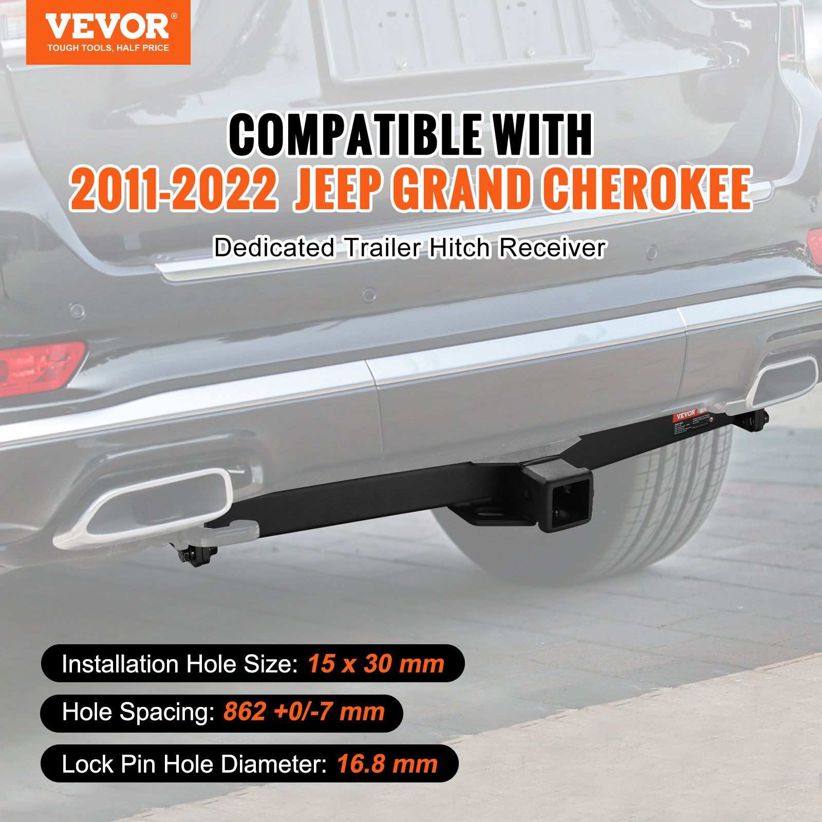 VEVOR Class 3 Trailer Hitch, 2-Inch Receiver, Q455B Steel Tube Frame, Compatible with 2011-2023 Jeep Grand Cherokee, Multi-Fit Hitch to Receive Ball Mount, Cargo Carrier, Bike Rack, Tow Hook, Black